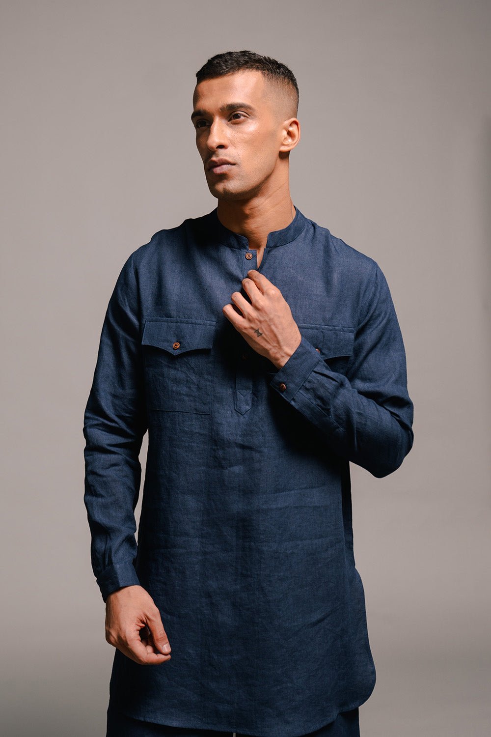 Indigo Linen Saif Kurta Set - CiceroniCo - ord SetSaphed