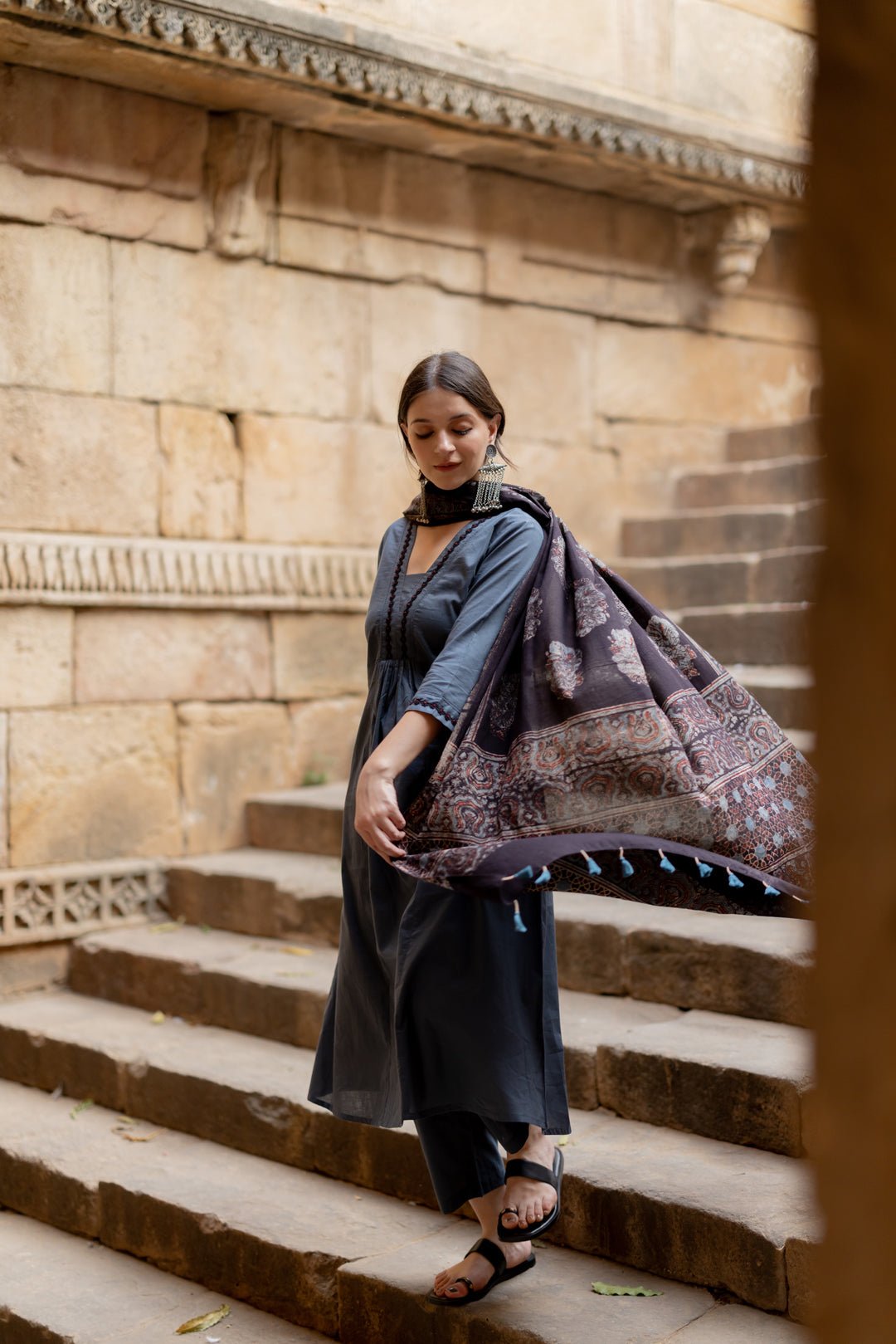Indigo Sand Kurta Set with Ajrakh Dupatta - CiceroniKurta Set, Everyday WearMaidaan