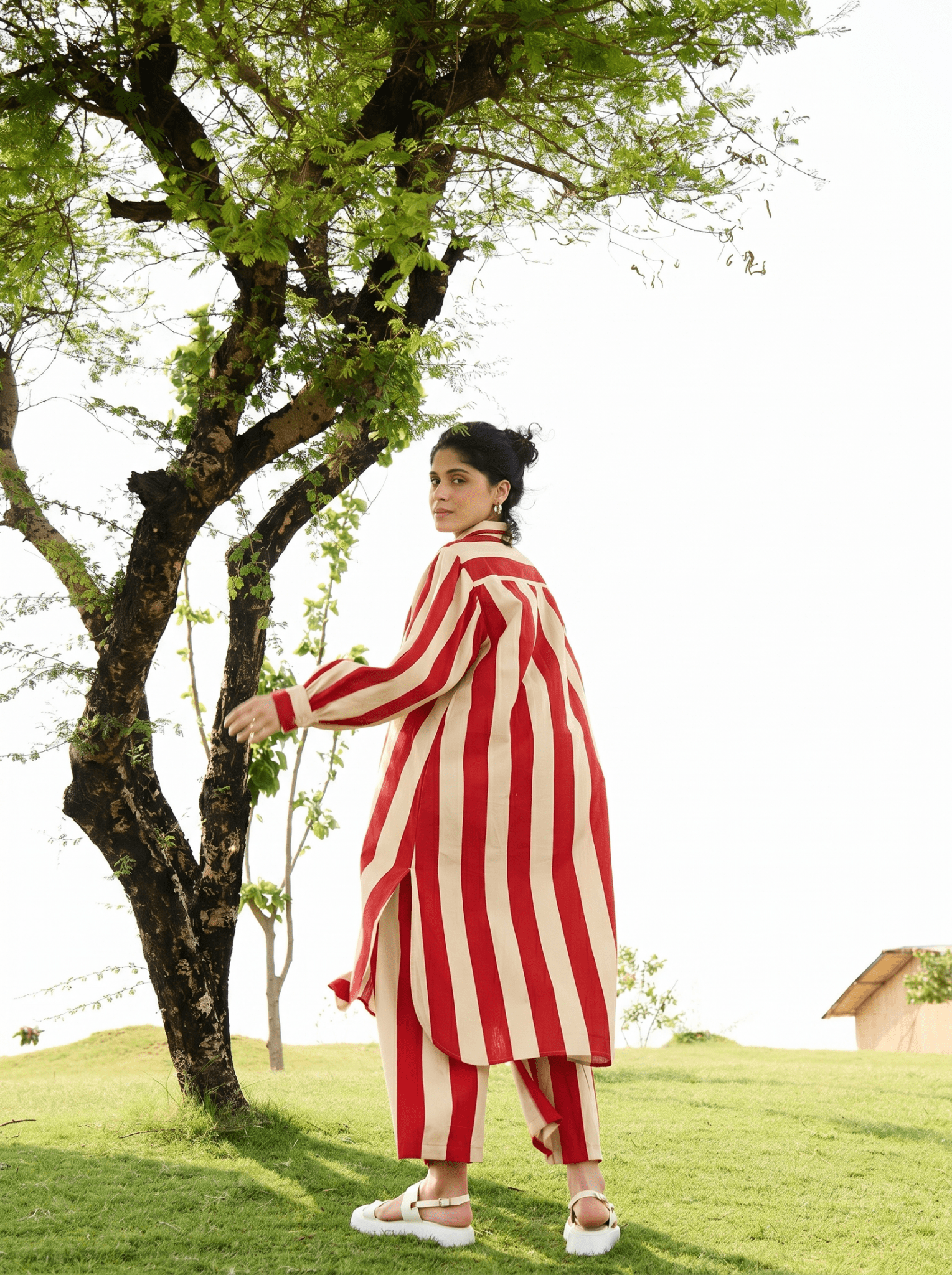 Iris Co-ord Set - Red & Ecru Stripes - CiceroniBangleRAAS Life