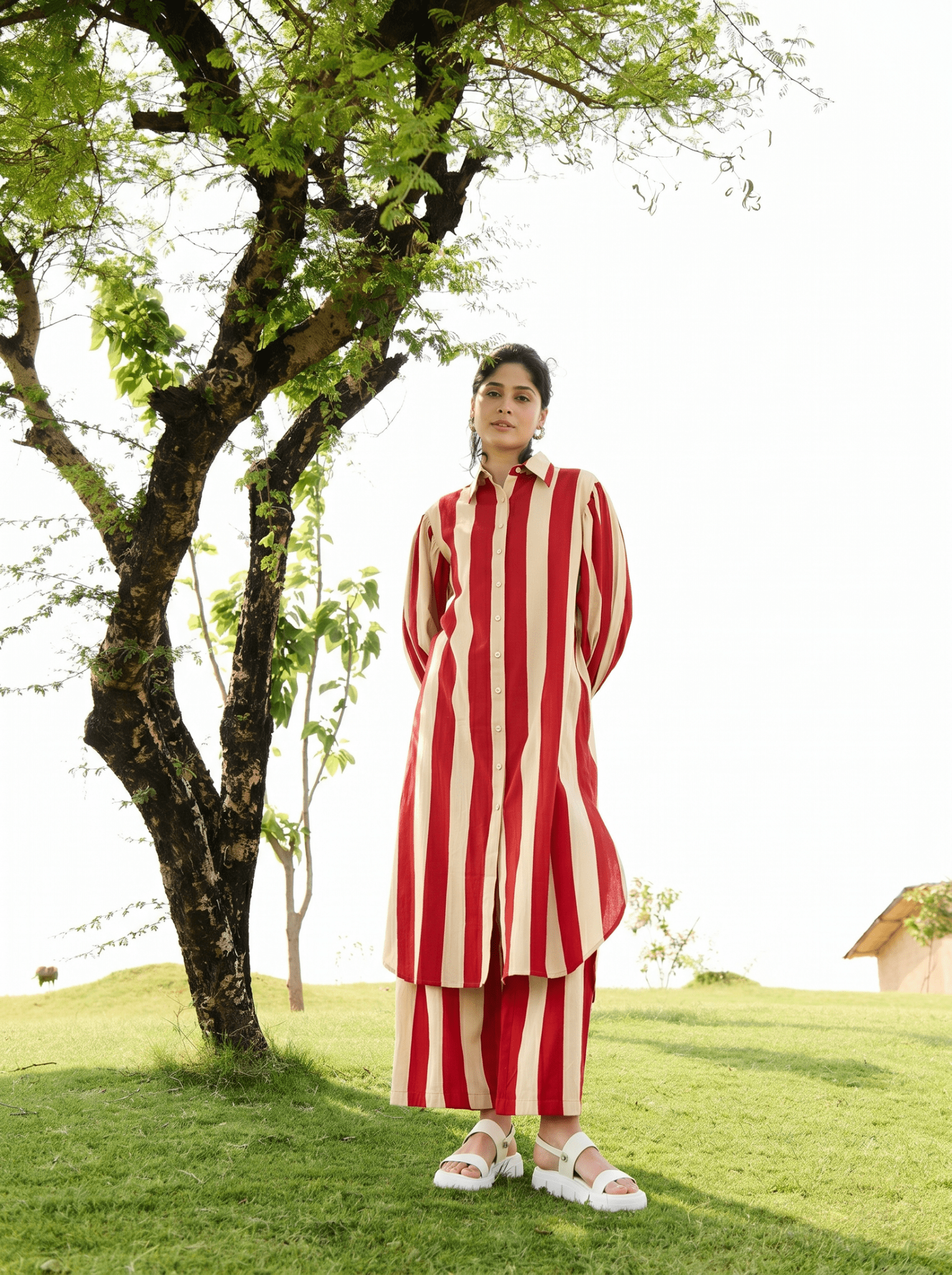 Iris Co-ord Set - Red & Ecru Stripes - CiceroniBangleRAAS Life