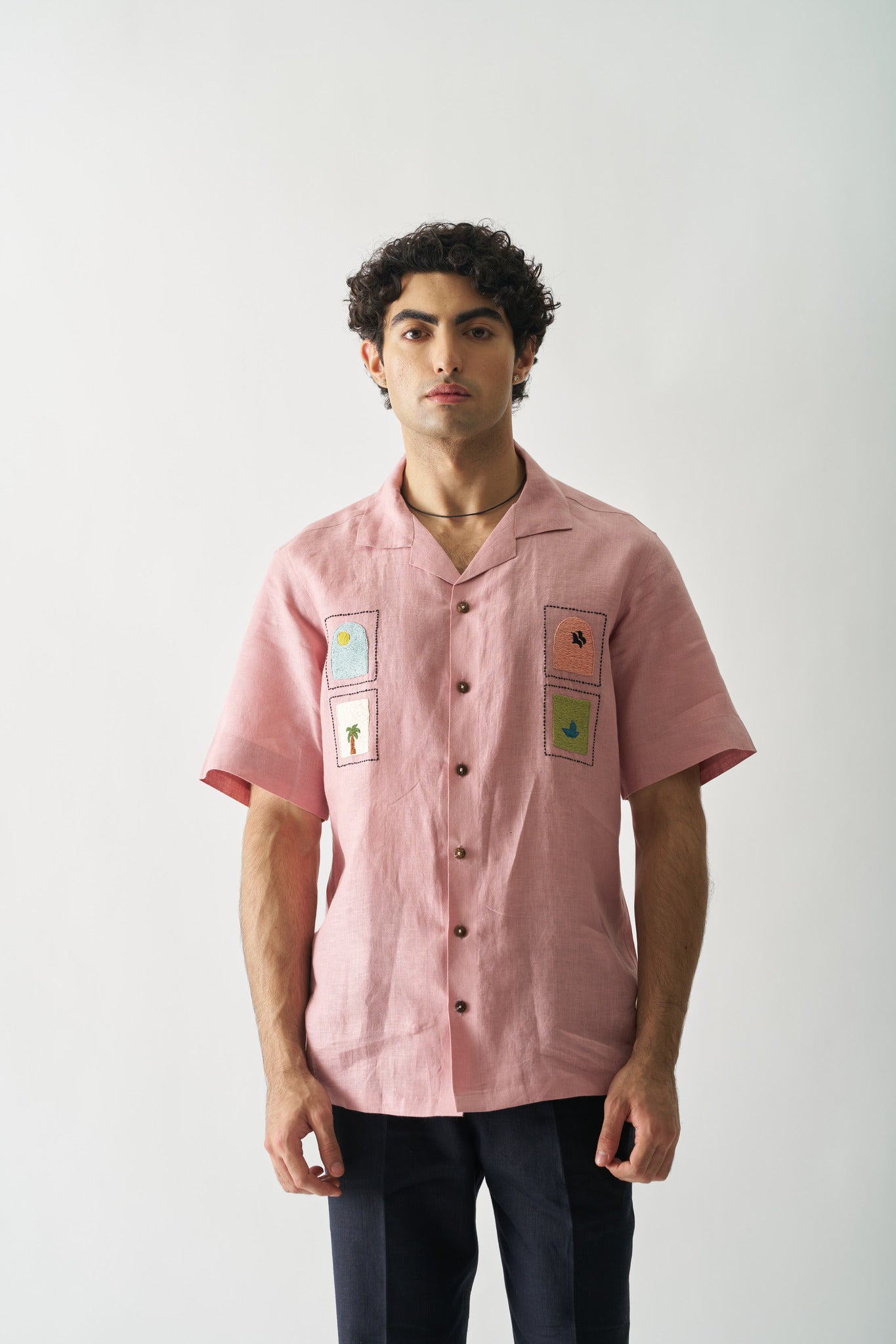 Island Escape - Mens Hand Embroidered Pure Linen Shirt - CiceroniShirtsCultura Studio