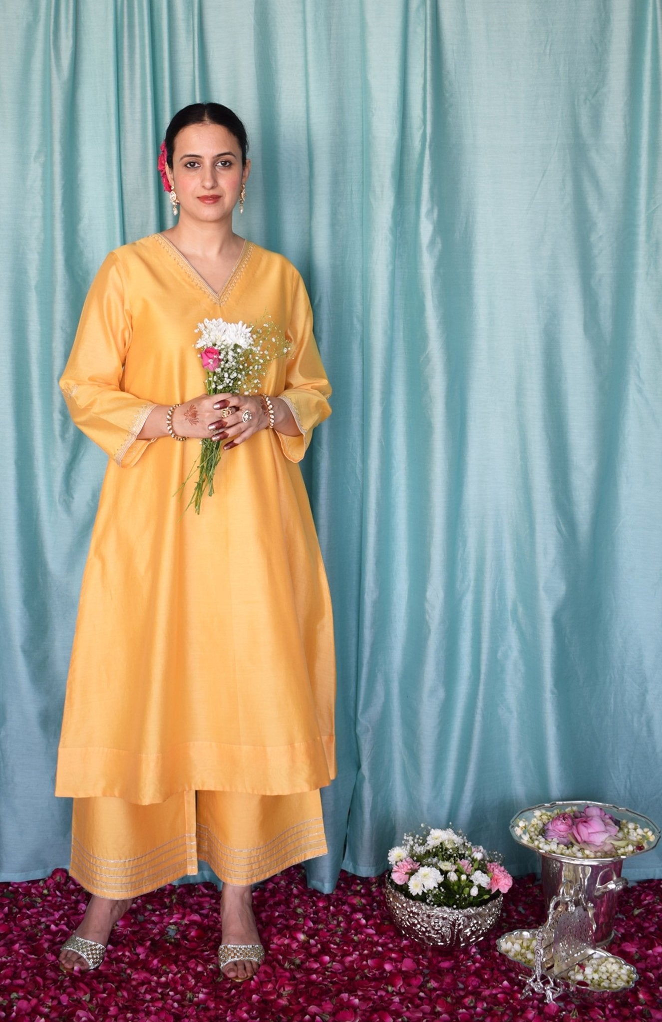 Kanak Chanderi Set with Hand - Embroidered A - Line Kurta and Wide - Legged Pyjama - CiceroniKurta Set, Festive wearHouse of Moxa