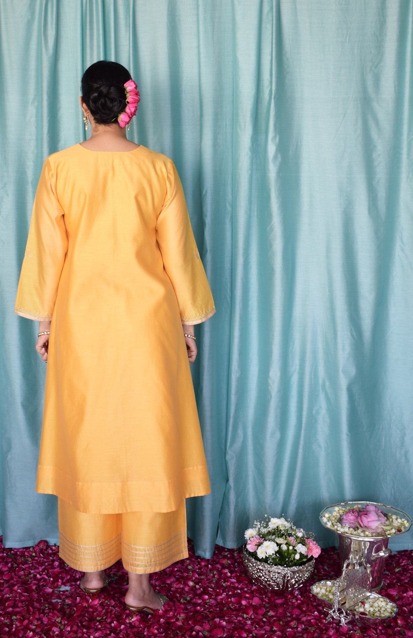 Kanak Chanderi Set with Hand - Embroidered A - Line Kurta and Wide - Legged Pyjama - CiceroniKurta Set, Festive wearHouse of Moxa