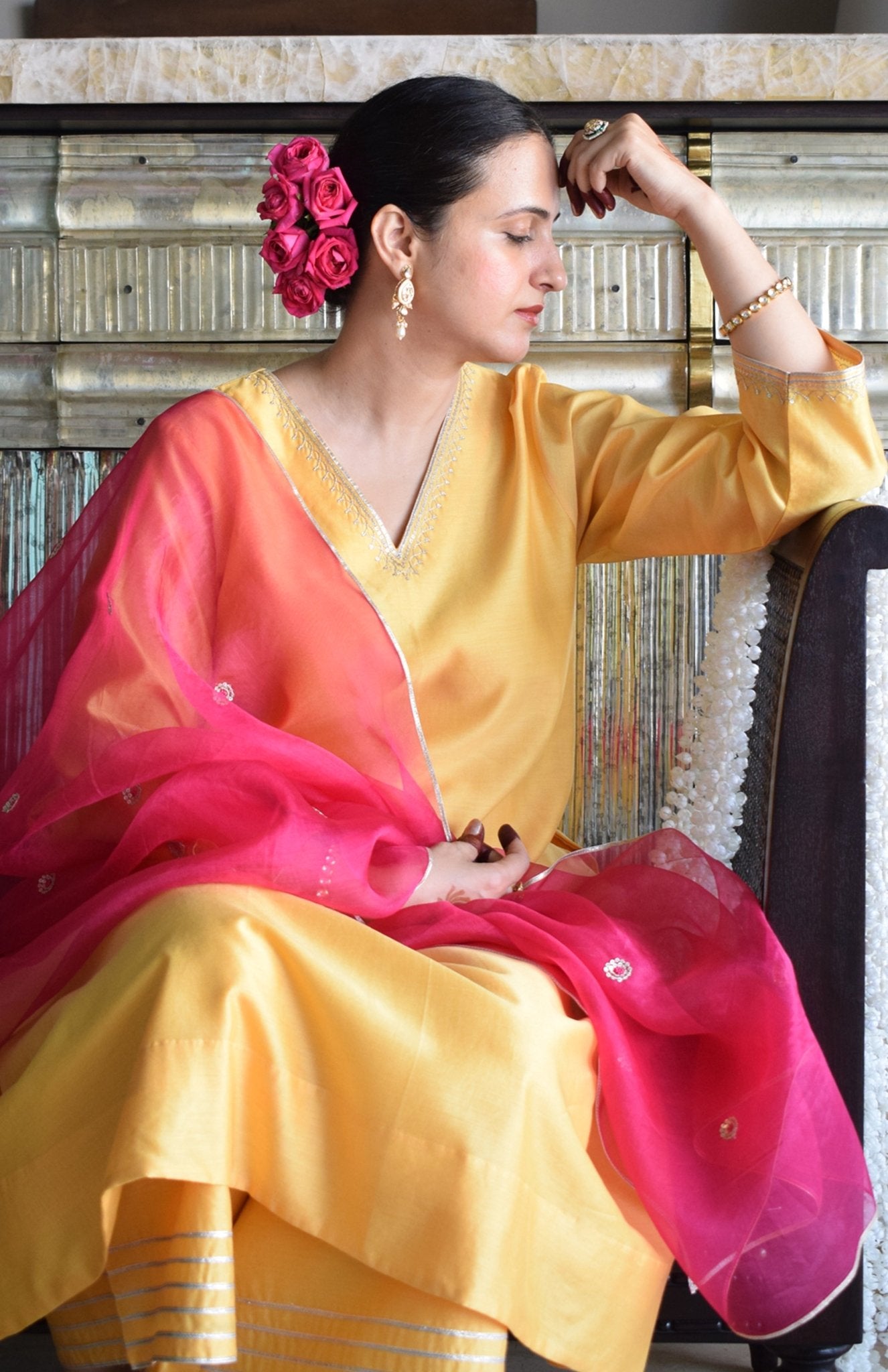 Kanak Chanderi Set with Hand - Embroidered A - Line Kurta and Wide - Legged Pyjama - CiceroniKurta Set, Festive wearHouse of Moxa