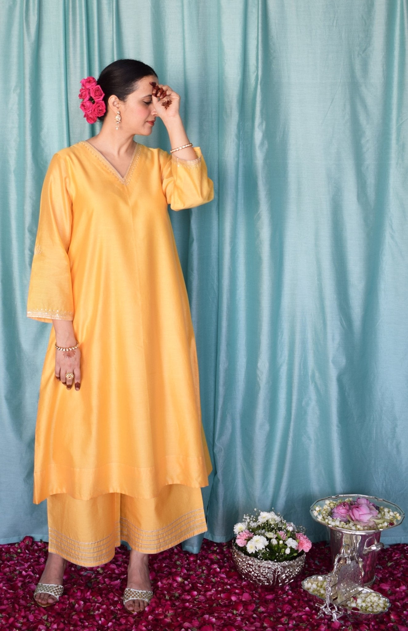 Kanak Chanderi Set with Hand - Embroidered A - Line Kurta and Wide - Legged Pyjama - CiceroniKurta Set, Festive wearHouse of Moxa