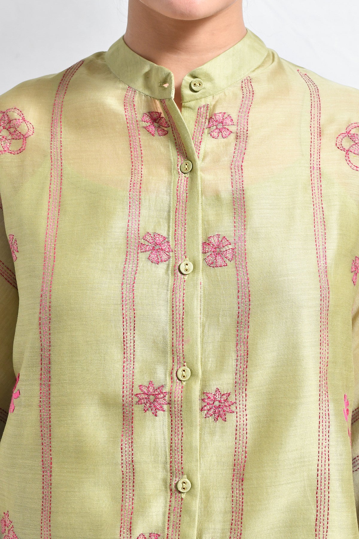 Kantha Embroidered Chanderi SIlk Kaftan Co - ord (Set of 3) - Pista Green - CiceroniKurta Set, Everyday WearHiranya