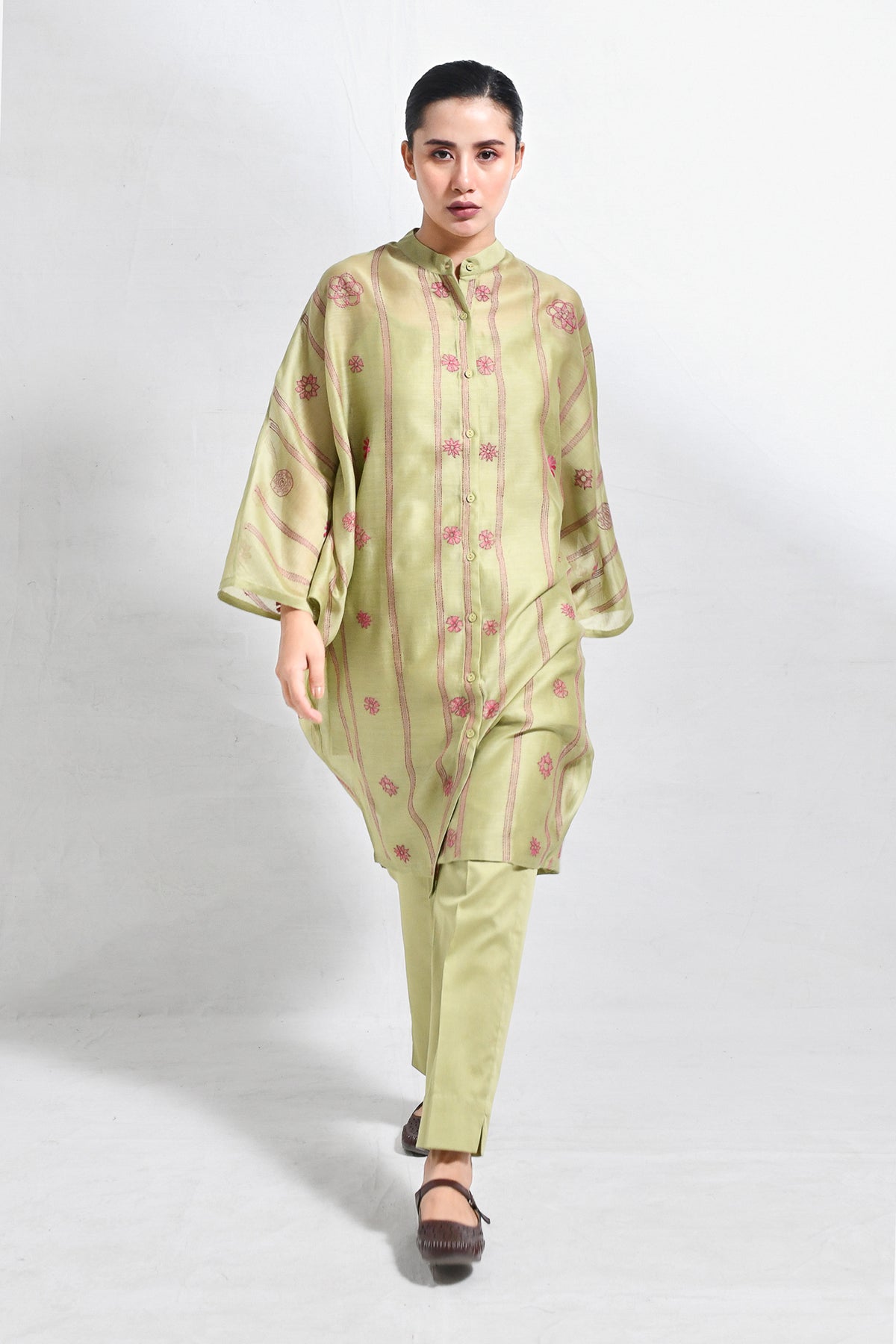 Kantha Embroidered Chanderi SIlk Kaftan Co - ord (Set of 3) - Pista Green - CiceroniKurta Set, Everyday WearHiranya