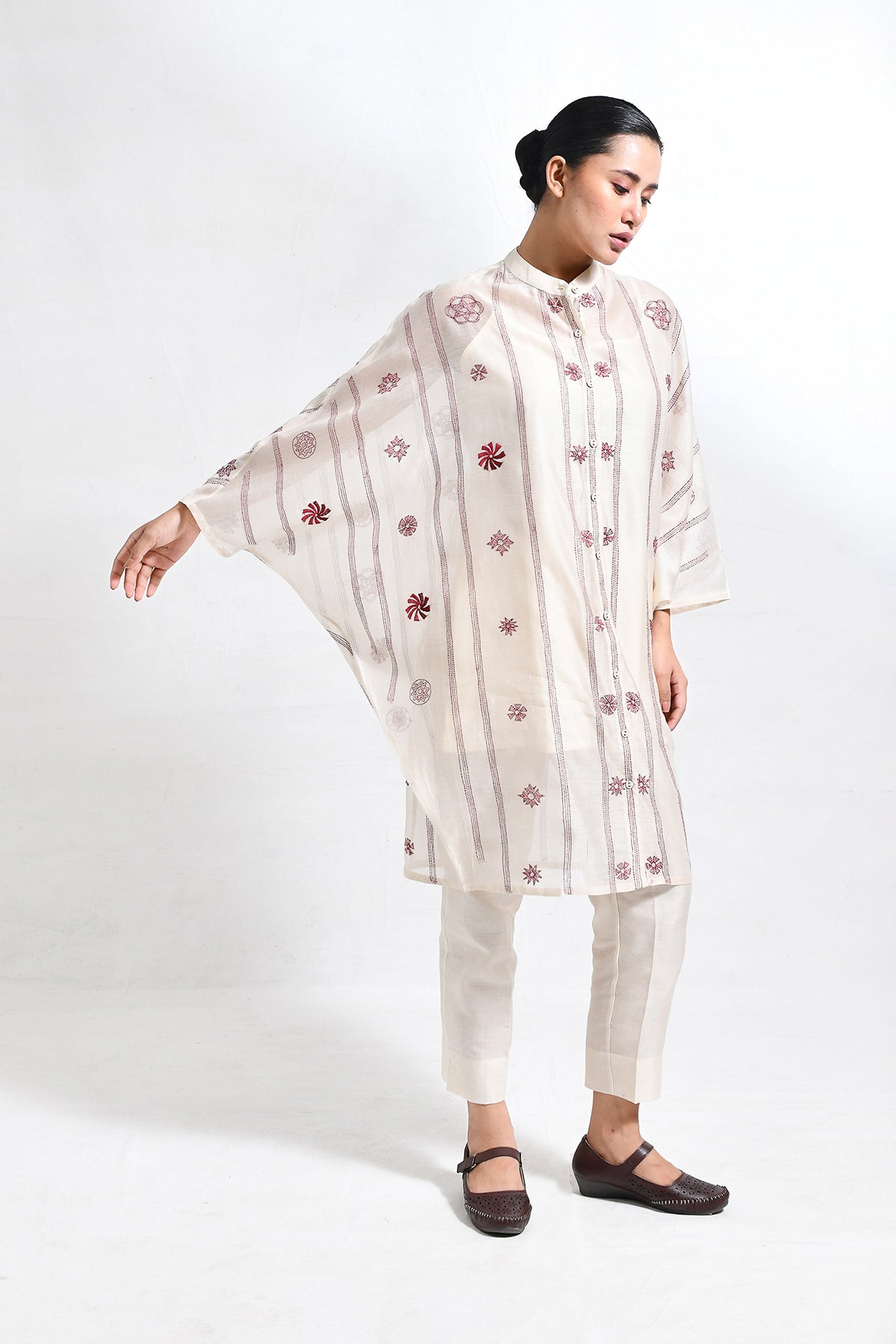 Kantha Embroidered Chanderi Silk Kaftan Co - ord (Set of 3) - CiceroniKurta Set, Everyday WearHiranya