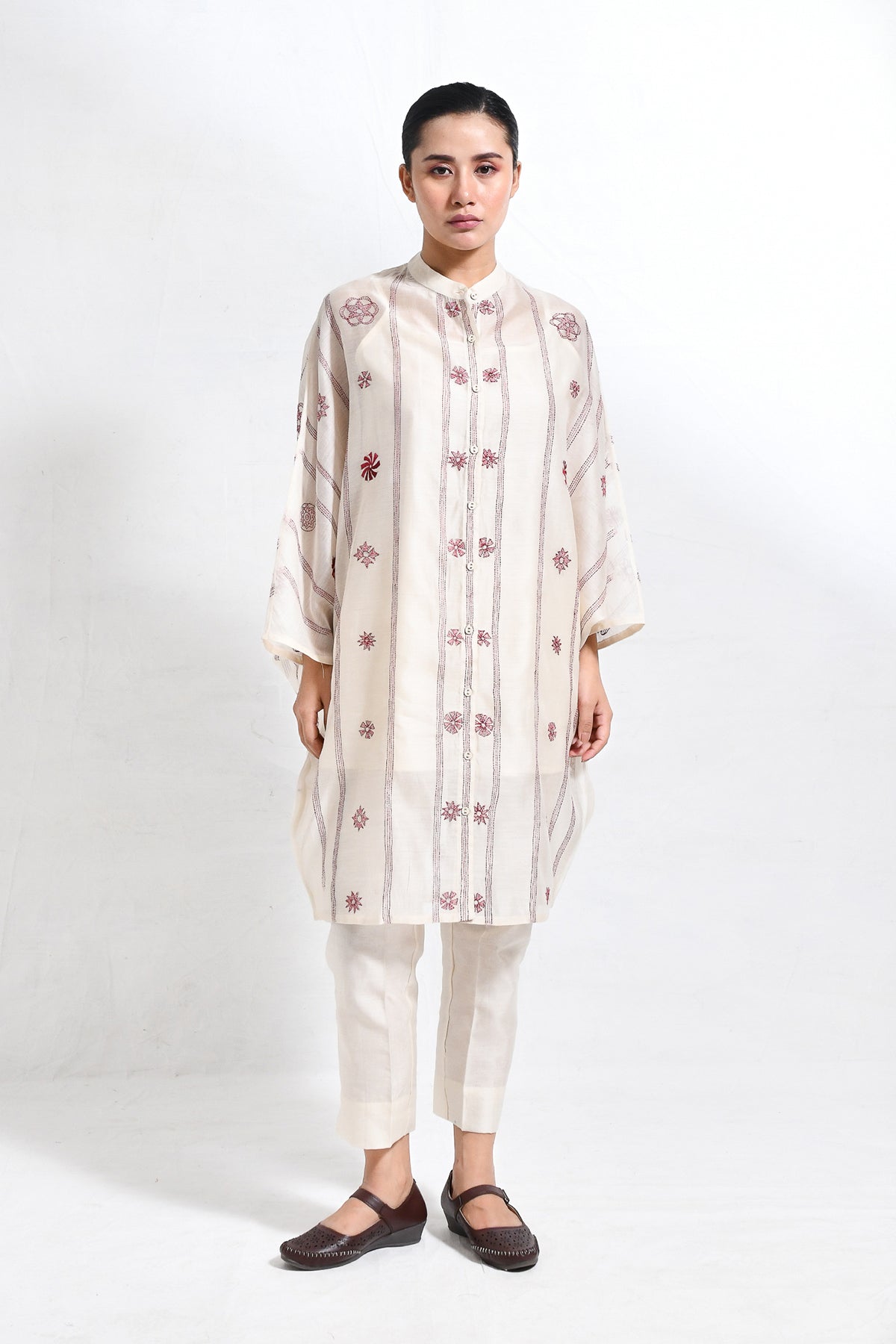 Kantha Embroidered Chanderi Silk Kaftan Co - ord (Set of 3) - CiceroniKurta Set, Everyday WearHiranya