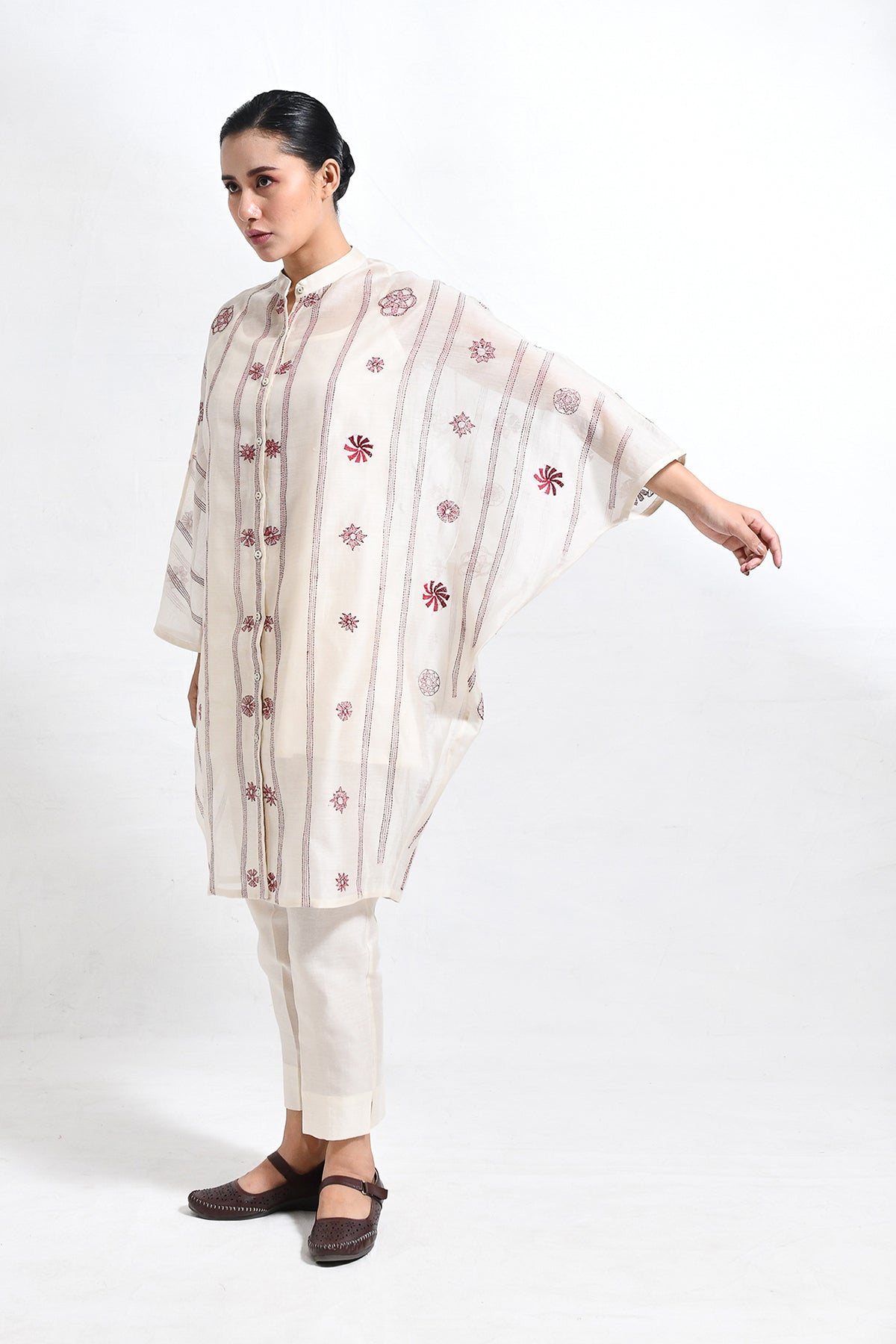 Kantha Embroidered Chanderi Silk Kaftan Co - ord (Set of 3) - CiceroniKurta Set, Everyday WearHiranya