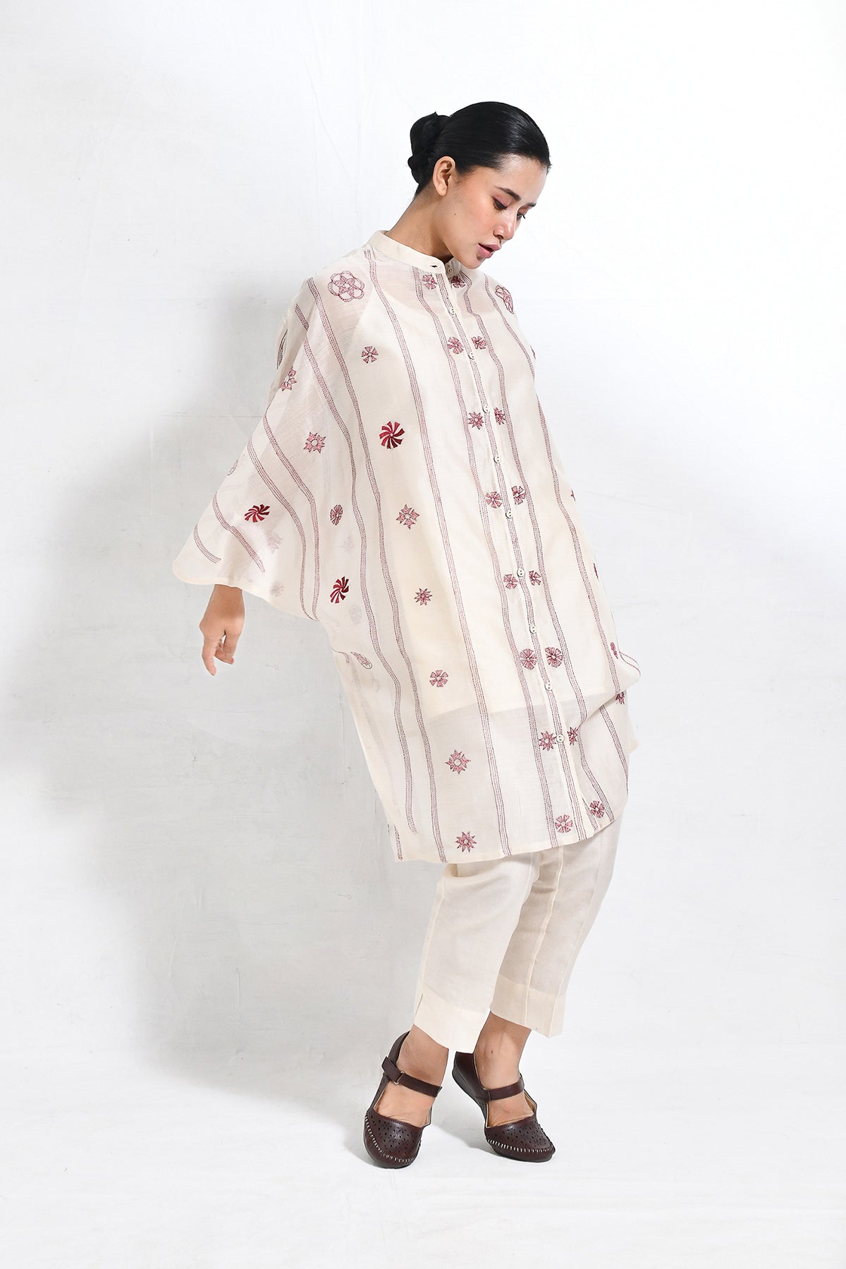 Kantha Embroidered Chanderi Silk Kaftan Co - ord (Set of 3) - CiceroniKurta Set, Everyday WearHiranya