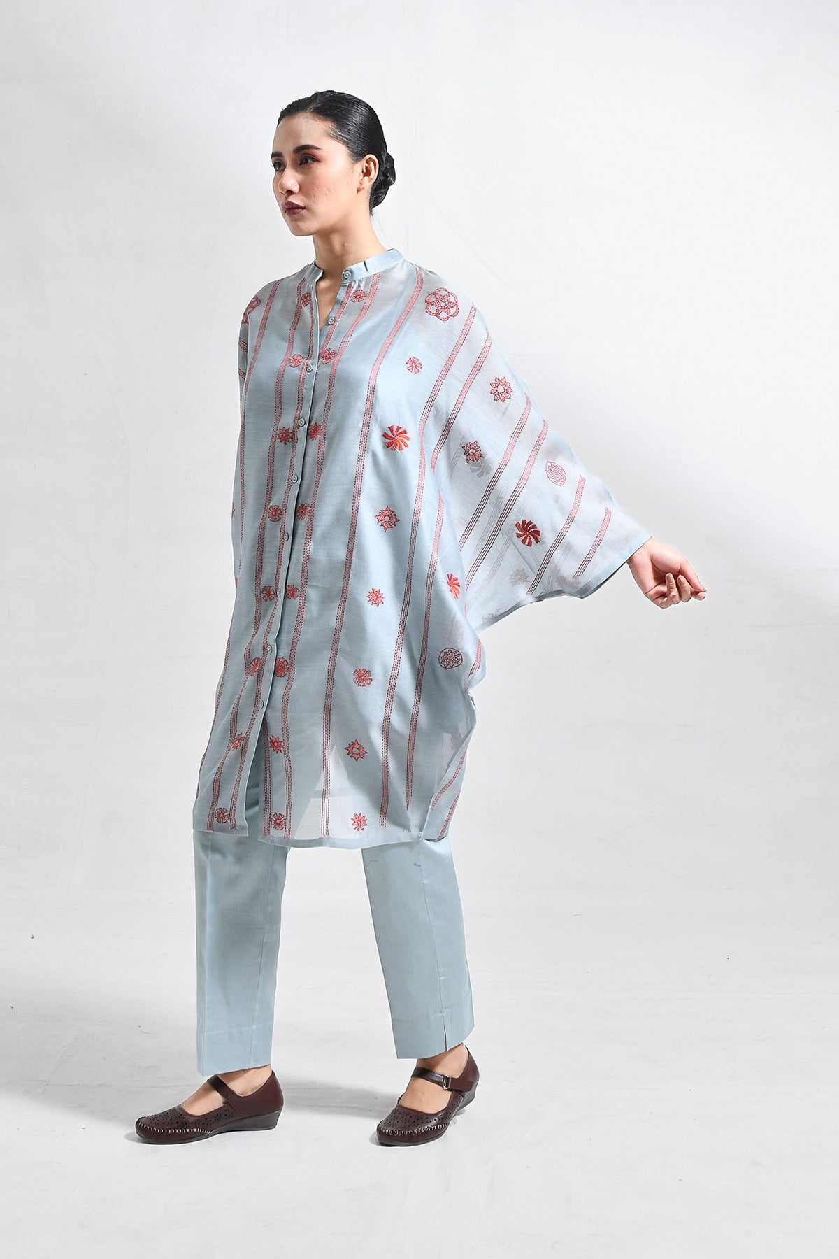 Kantha Embroidered Chanderi Silk Kaftan Set - CiceroniKurta Set, Festive WearHiranya