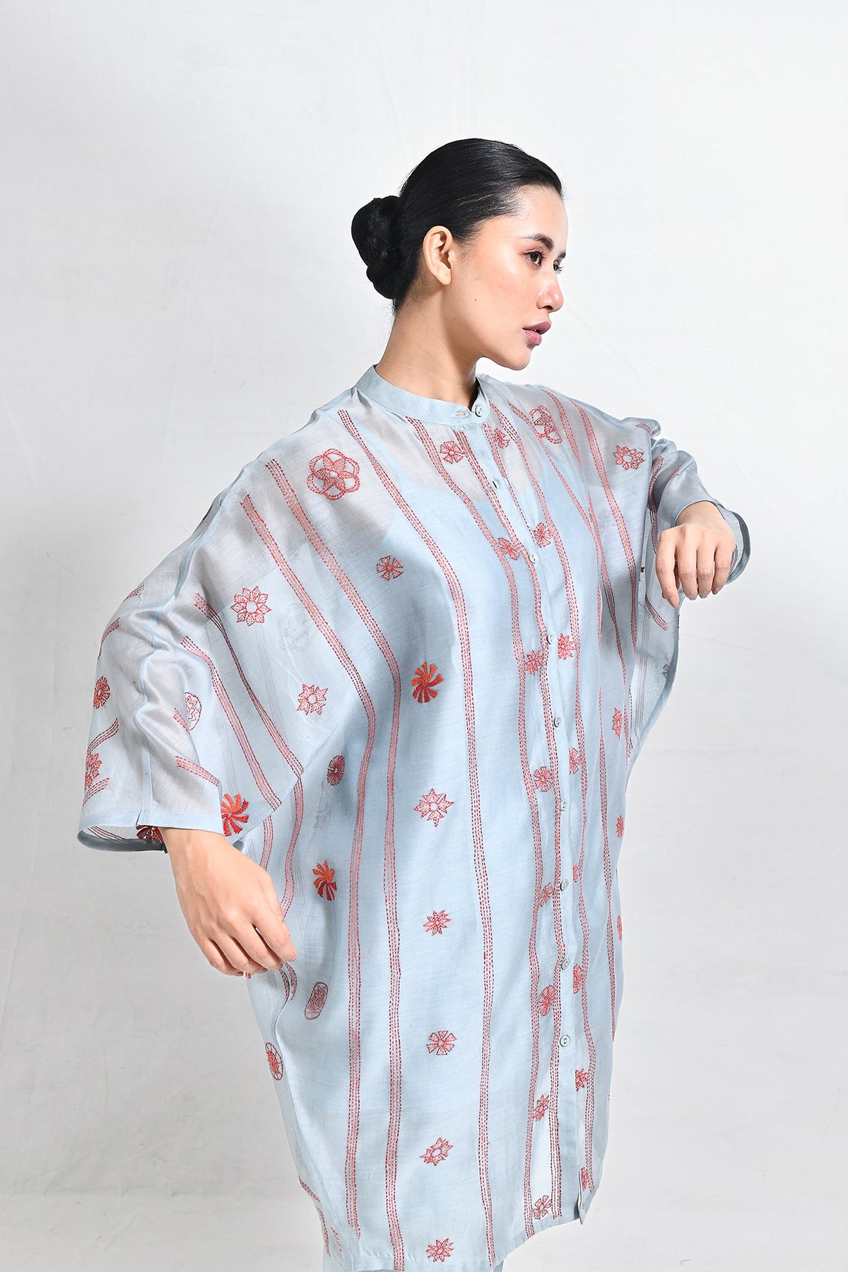 Kantha Embroidered Chanderi Silk Kaftan Set - CiceroniKurta Set, Festive WearHiranya