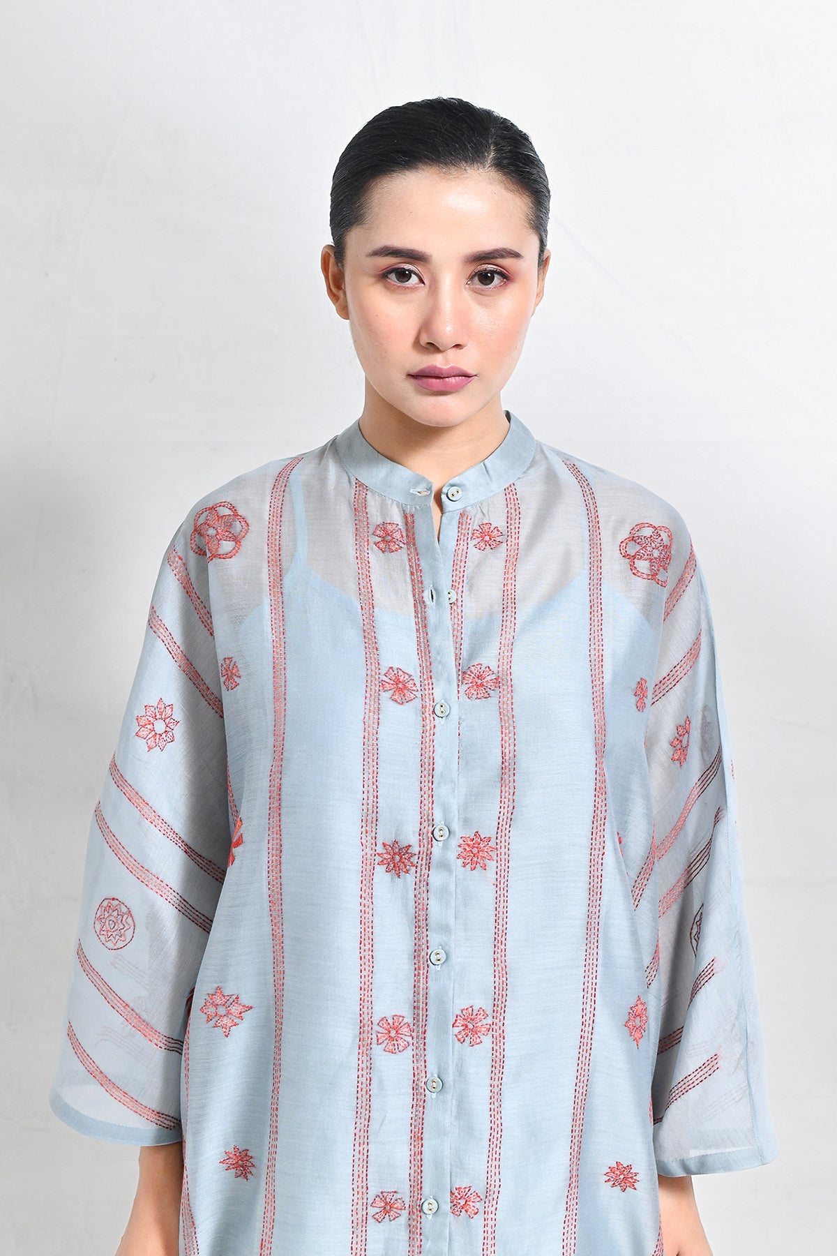 Kantha Embroidered Chanderi Silk Kaftan Set - CiceroniKurta Set, Festive WearHiranya