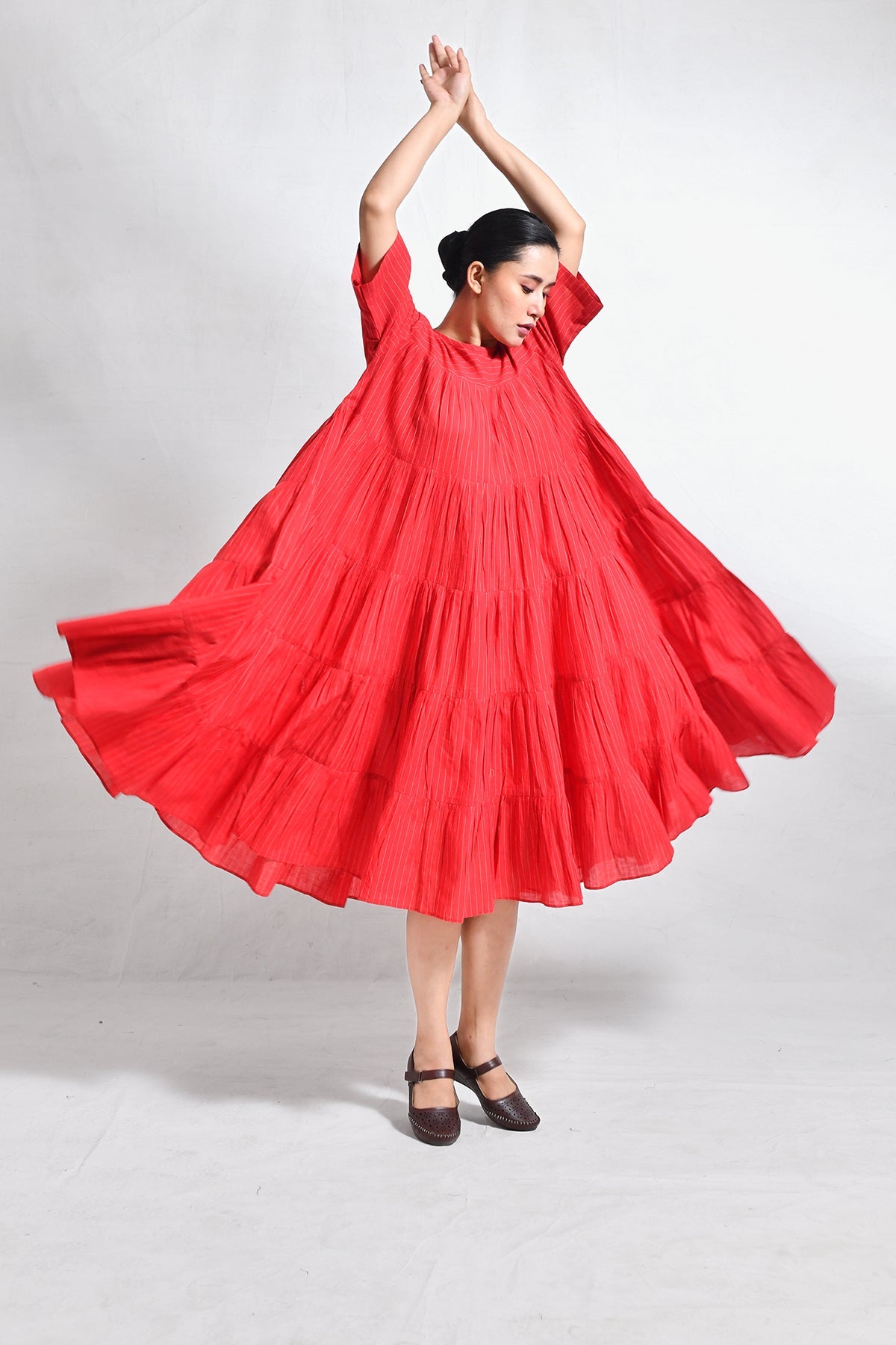 Khadi Striped Tier Dress - Red - CiceroniDressesHiranya