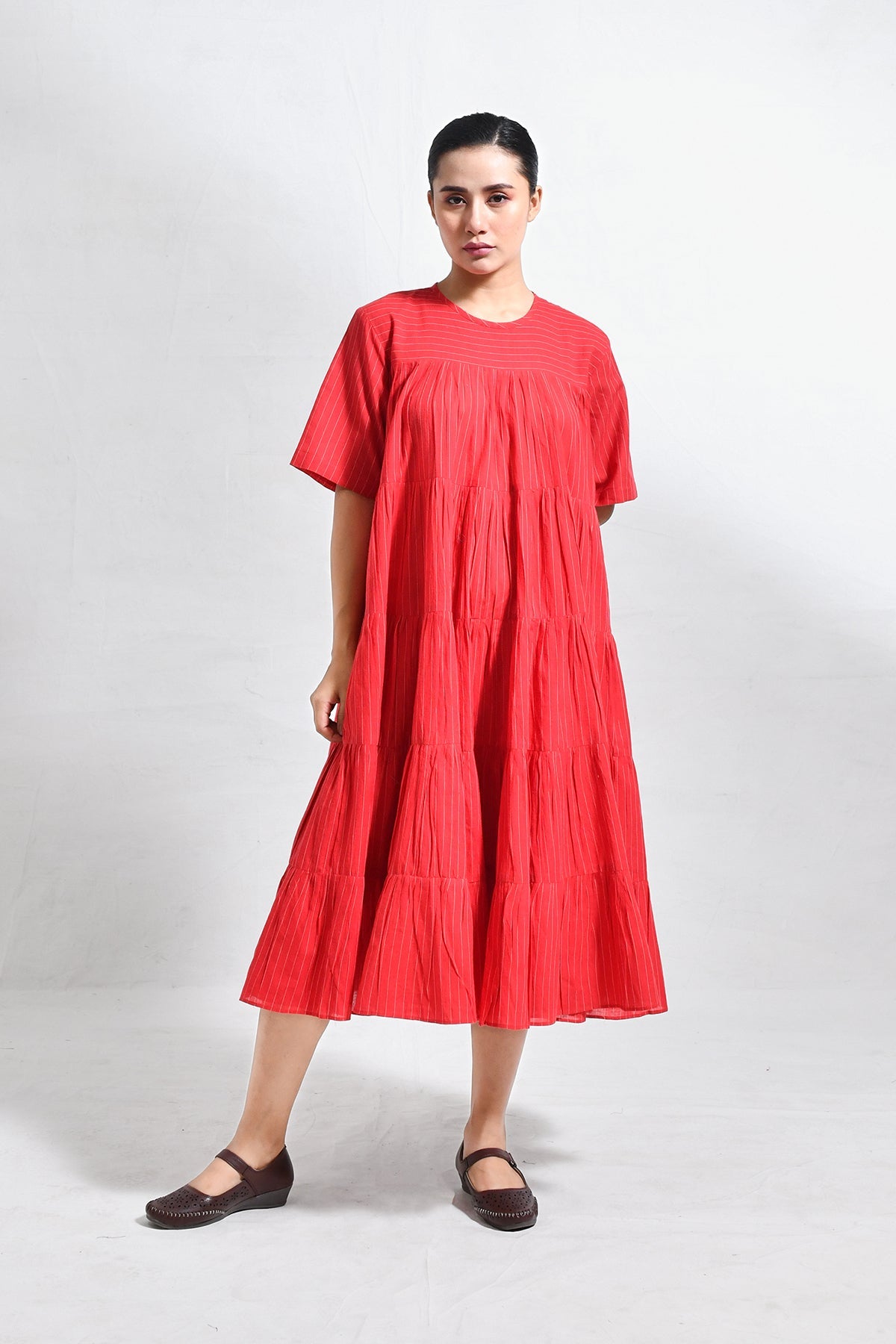 Khadi Striped Tier Dress - Red - CiceroniDressesHiranya