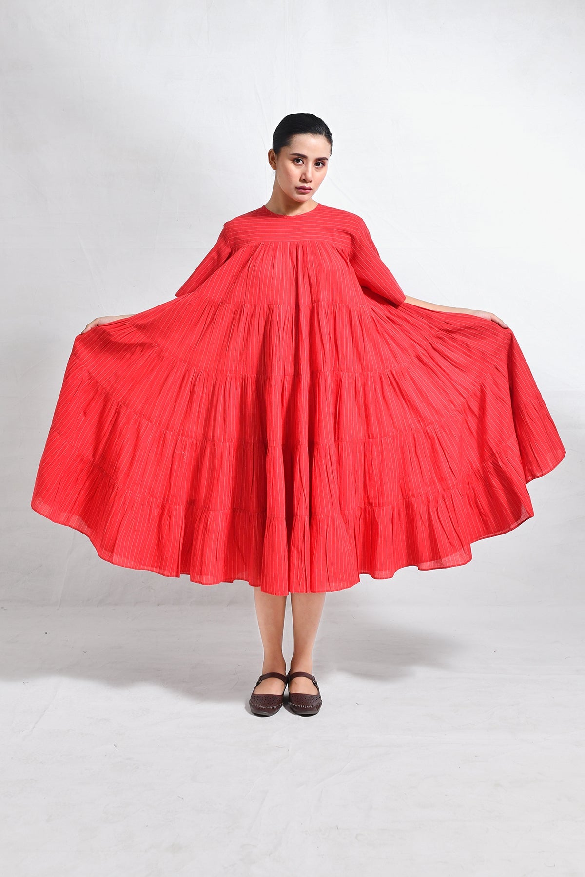 Khadi Striped Tier Dress - Red - CiceroniDressesHiranya