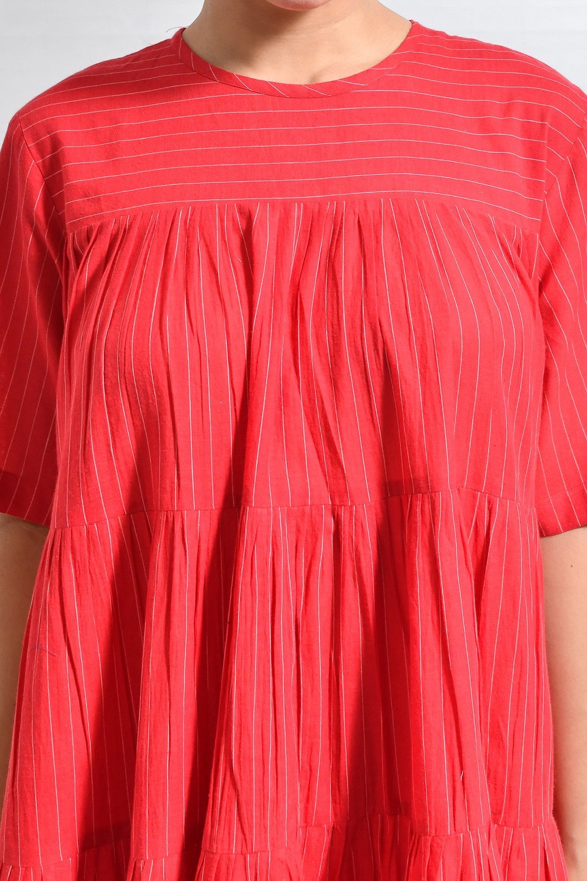 Khadi Striped Tier Dress - Red - CiceroniDressesHiranya