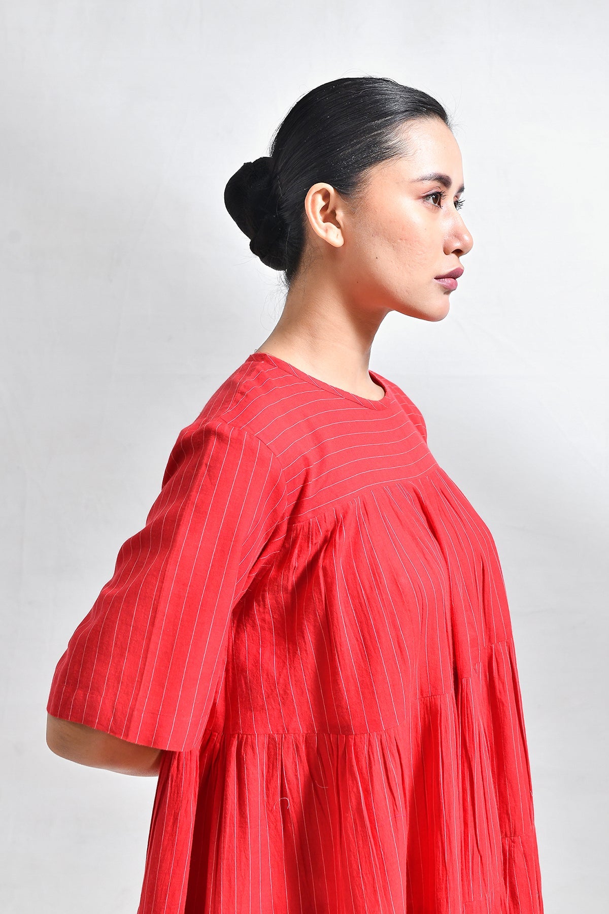 Khadi Striped Tier Dress - Red - CiceroniDressesHiranya