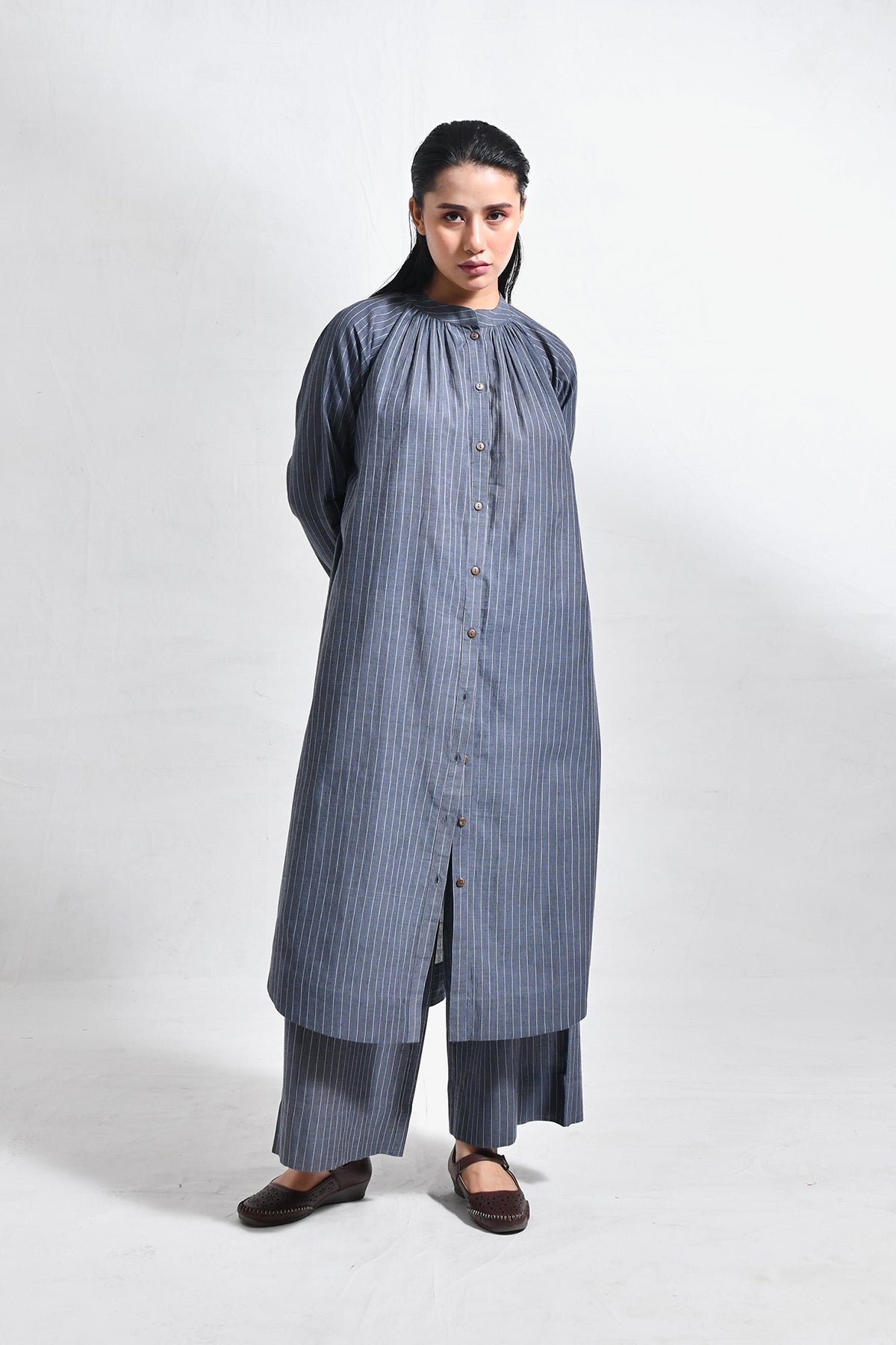 Khadi Stripes Neck - Gather Co - Ord (Set of 2) - Charcoal - CiceroniKurta Set, Everyday WearHiranya