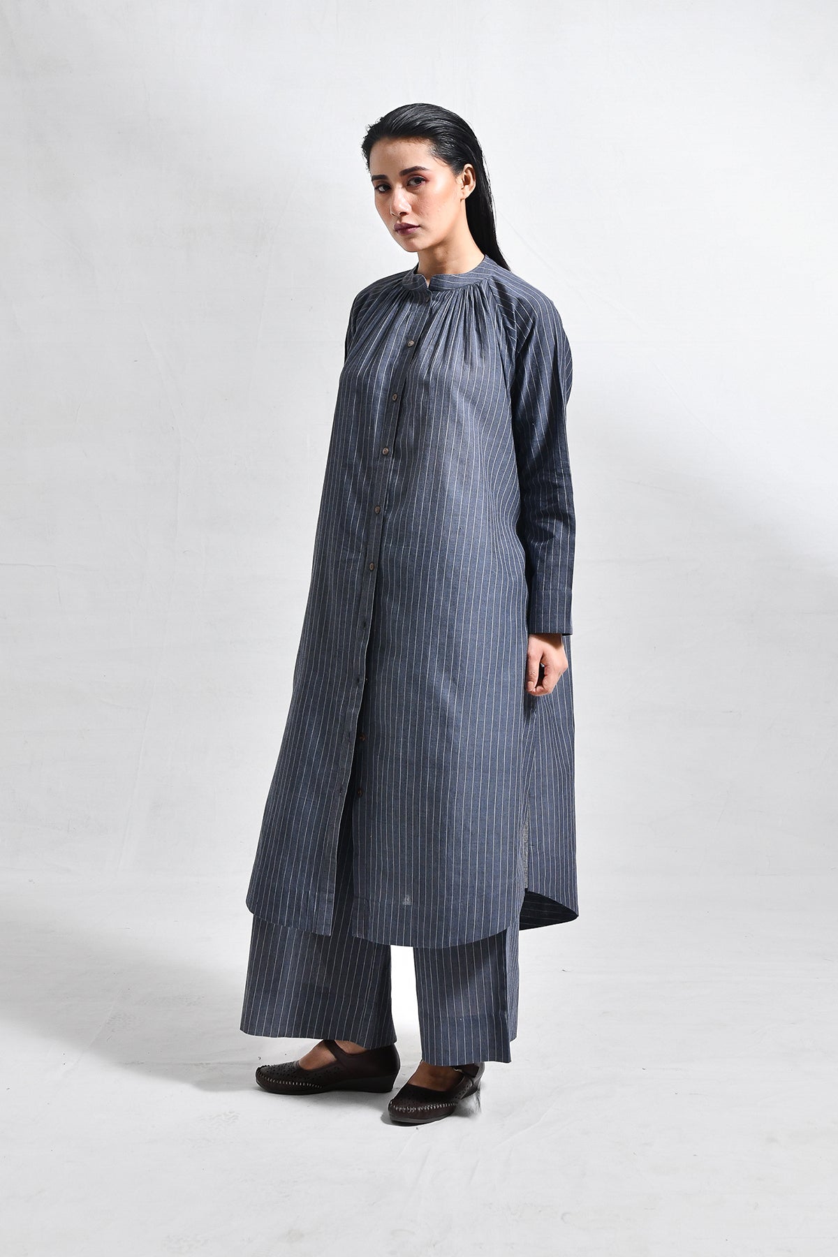 Khadi Stripes Neck - Gather Co - Ord (Set of 2) - Charcoal - CiceroniKurta Set, Everyday WearHiranya