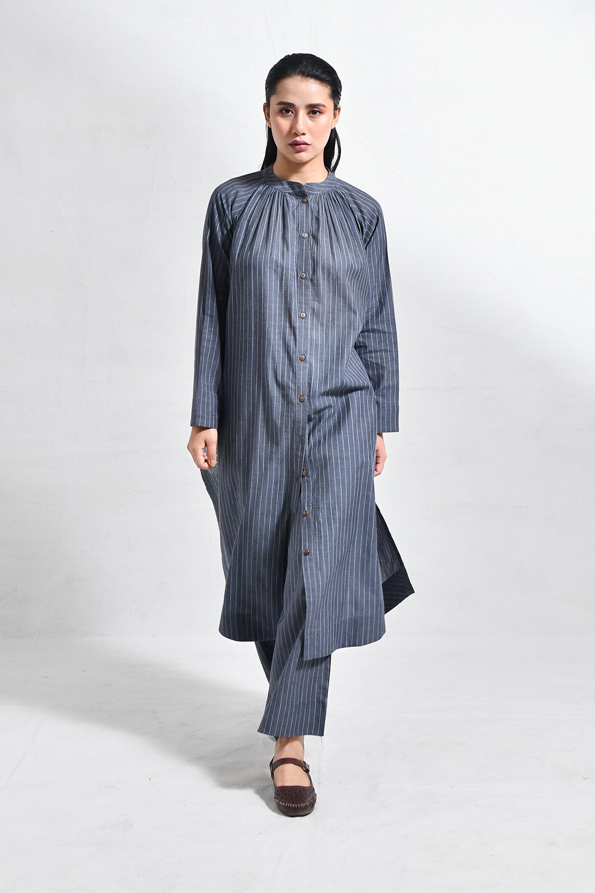 Khadi Stripes Neck - Gather Co - Ord (Set of 2) - Charcoal - CiceroniKurta Set, Everyday WearHiranya