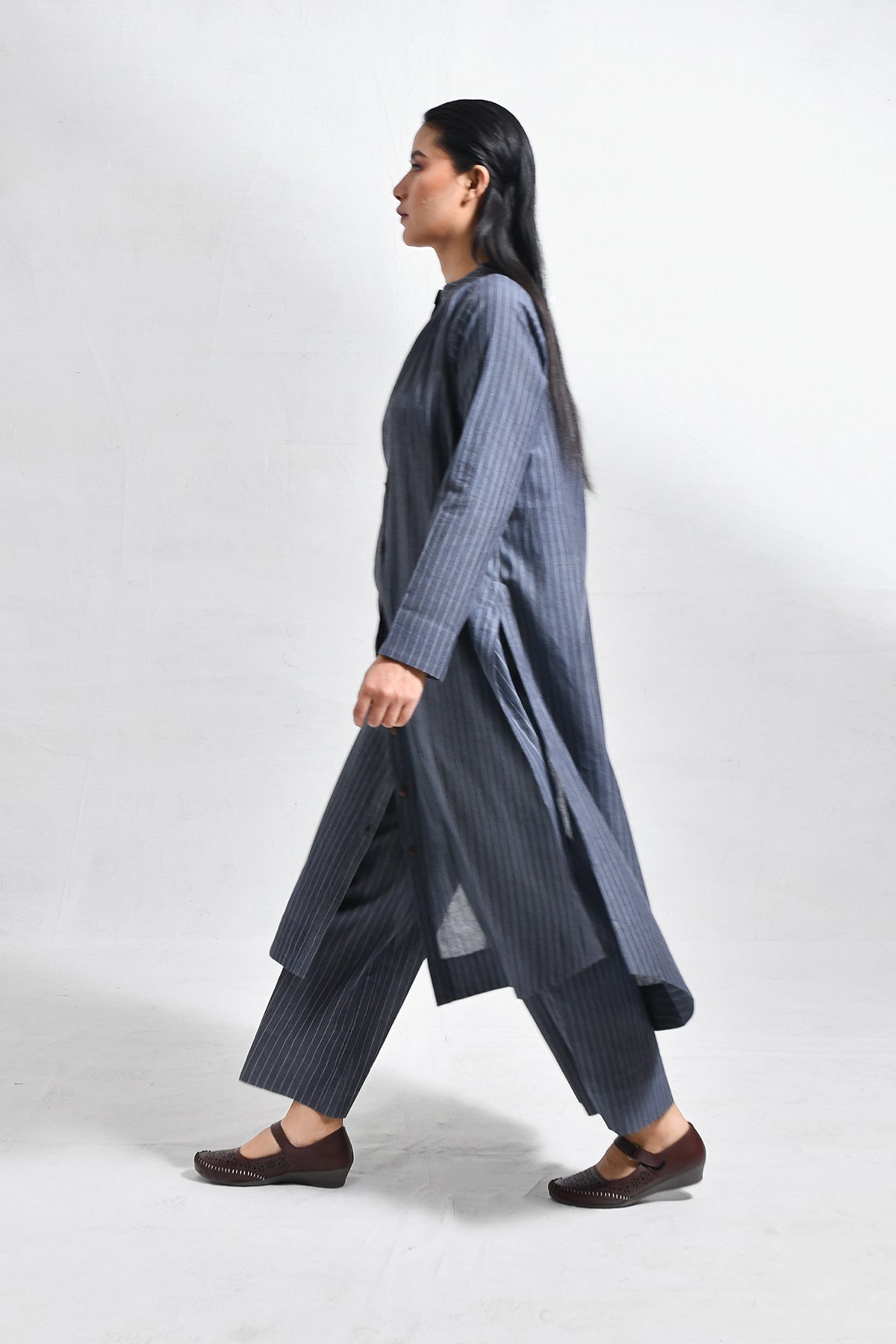 Khadi Stripes Neck - Gather Co - Ord (Set of 2) - Charcoal - CiceroniKurta Set, Everyday WearHiranya