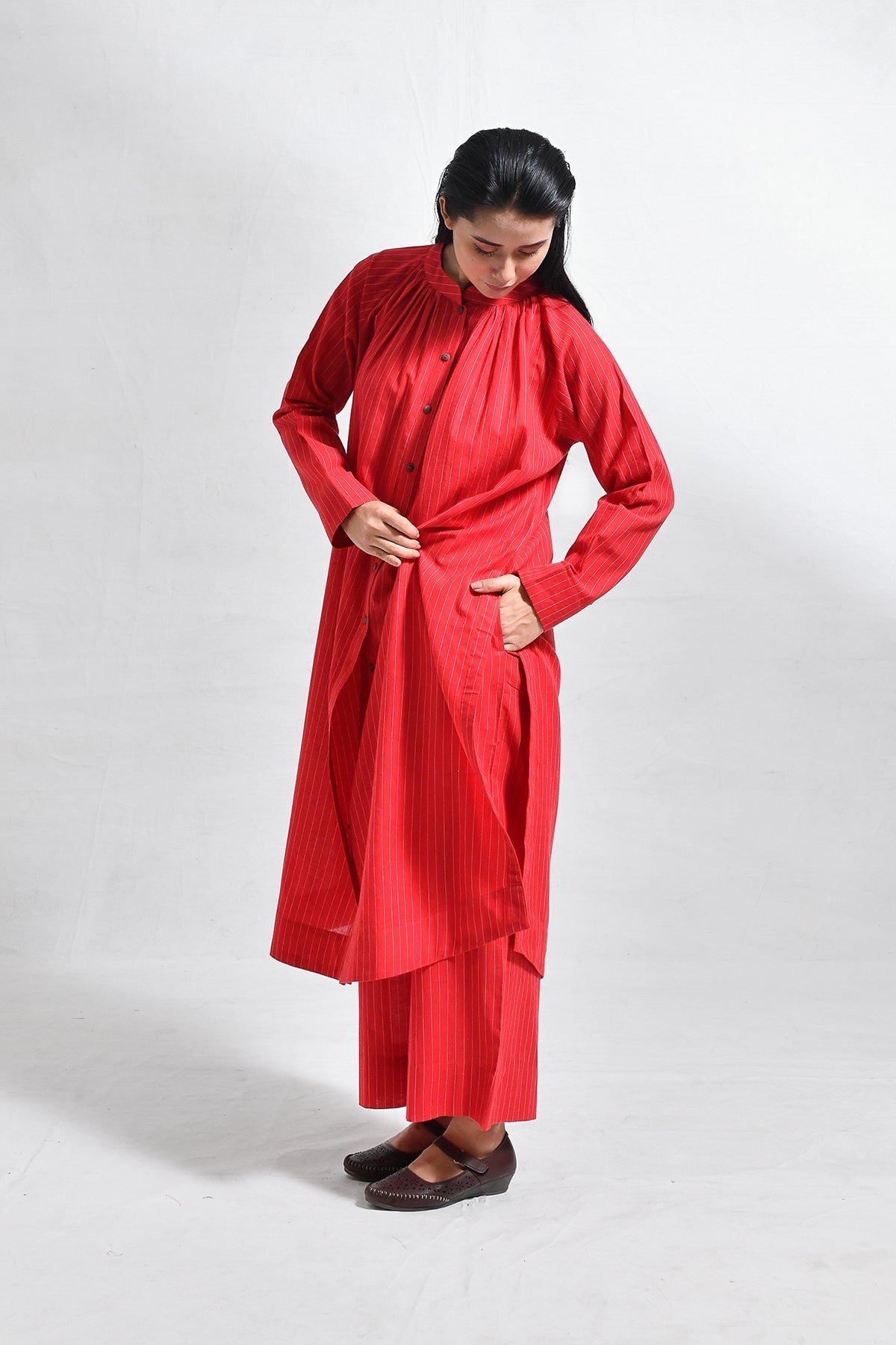 Khadi Stripes Neck - Gather Co - ord (Set of 2) - CiceroniKurta Set, Everyday WearHiranya