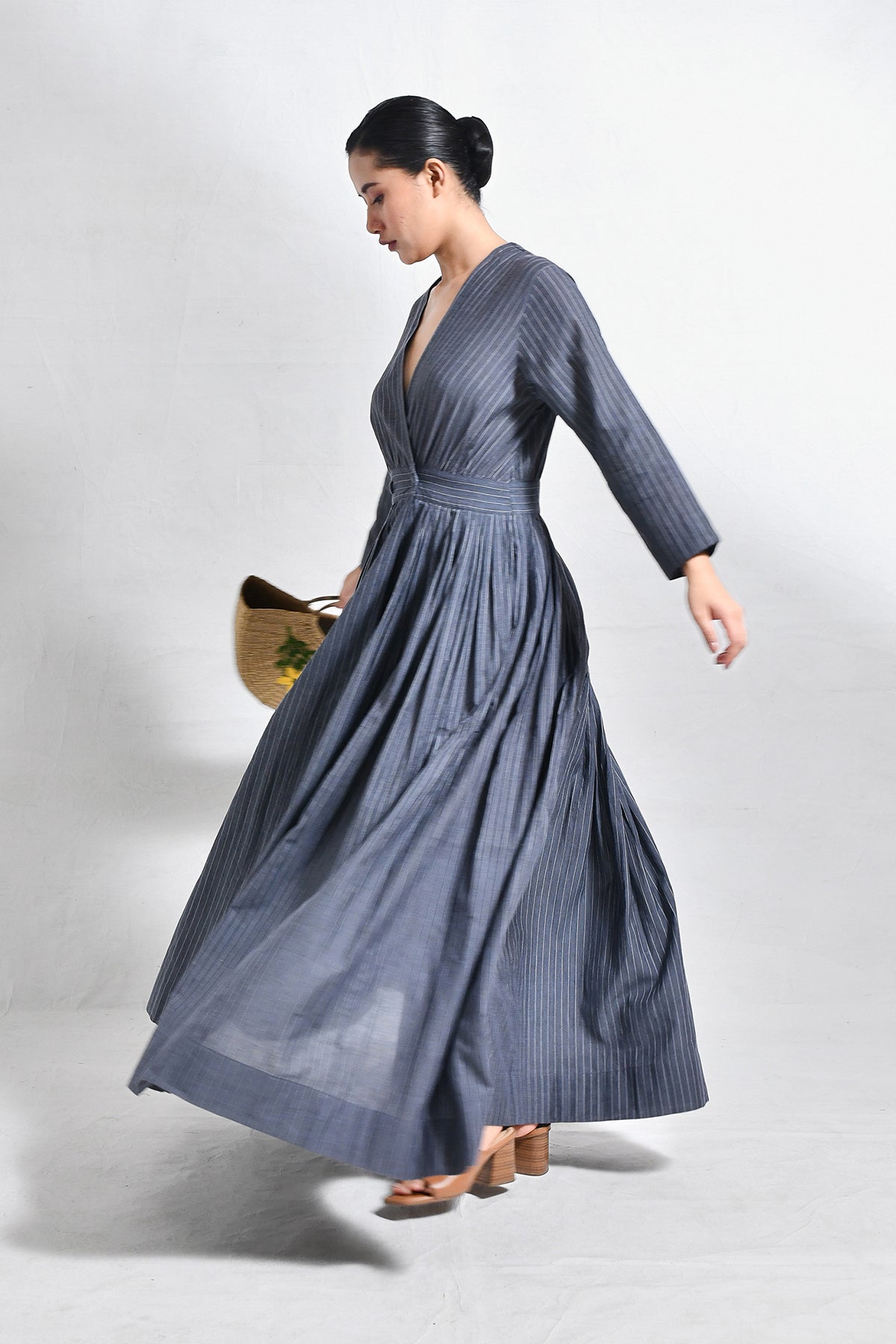 Khadi Stripes Wrap Dress - Charcoal - CiceroniDressesHiranya