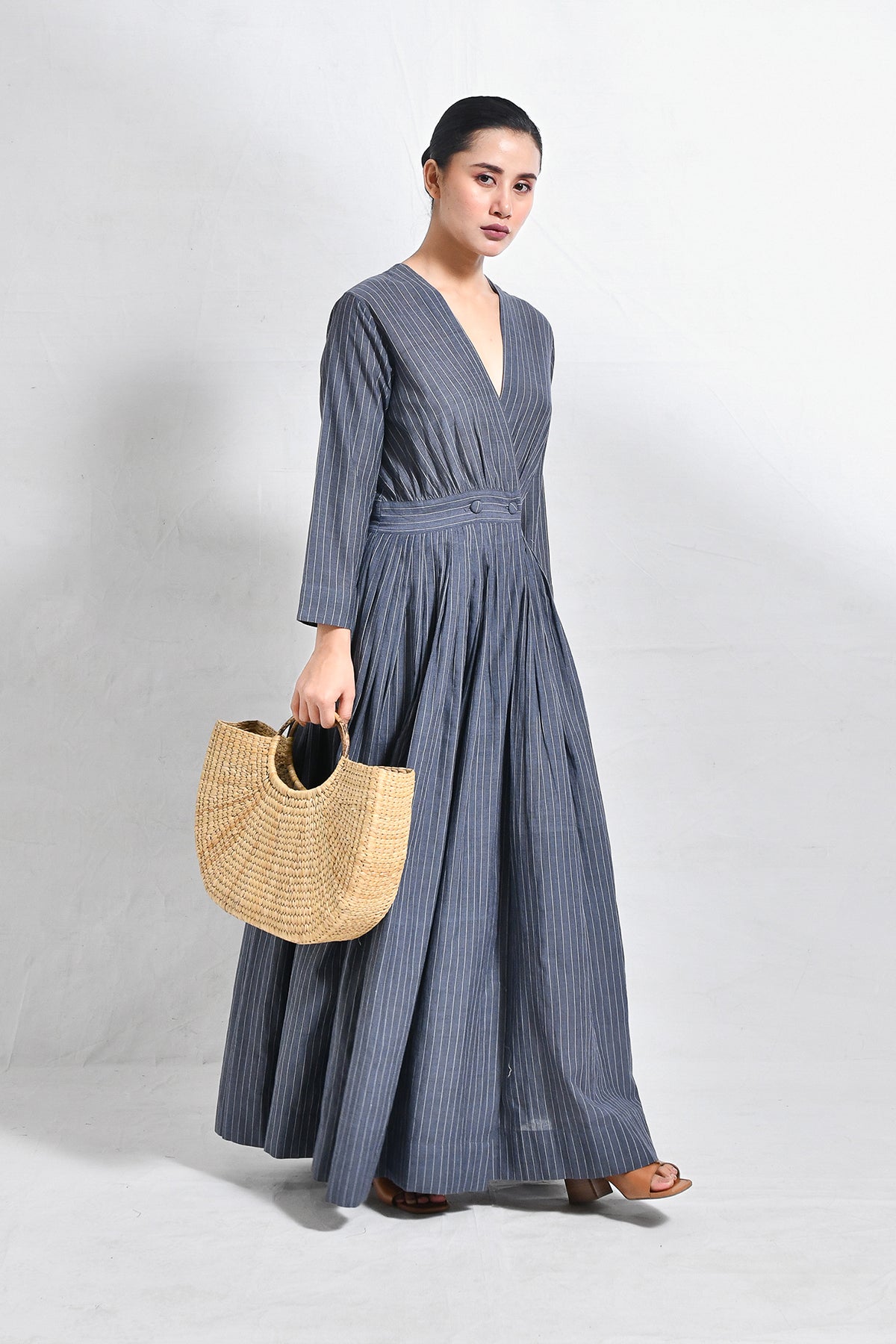 Khadi Stripes Wrap Dress - Charcoal - CiceroniDressesHiranya