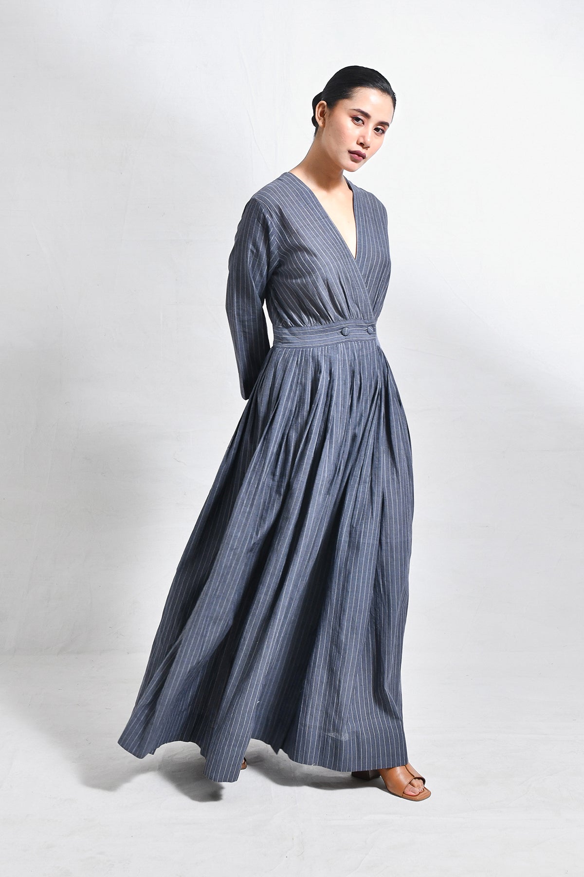 Khadi Stripes Wrap Dress - Charcoal - CiceroniDressesHiranya