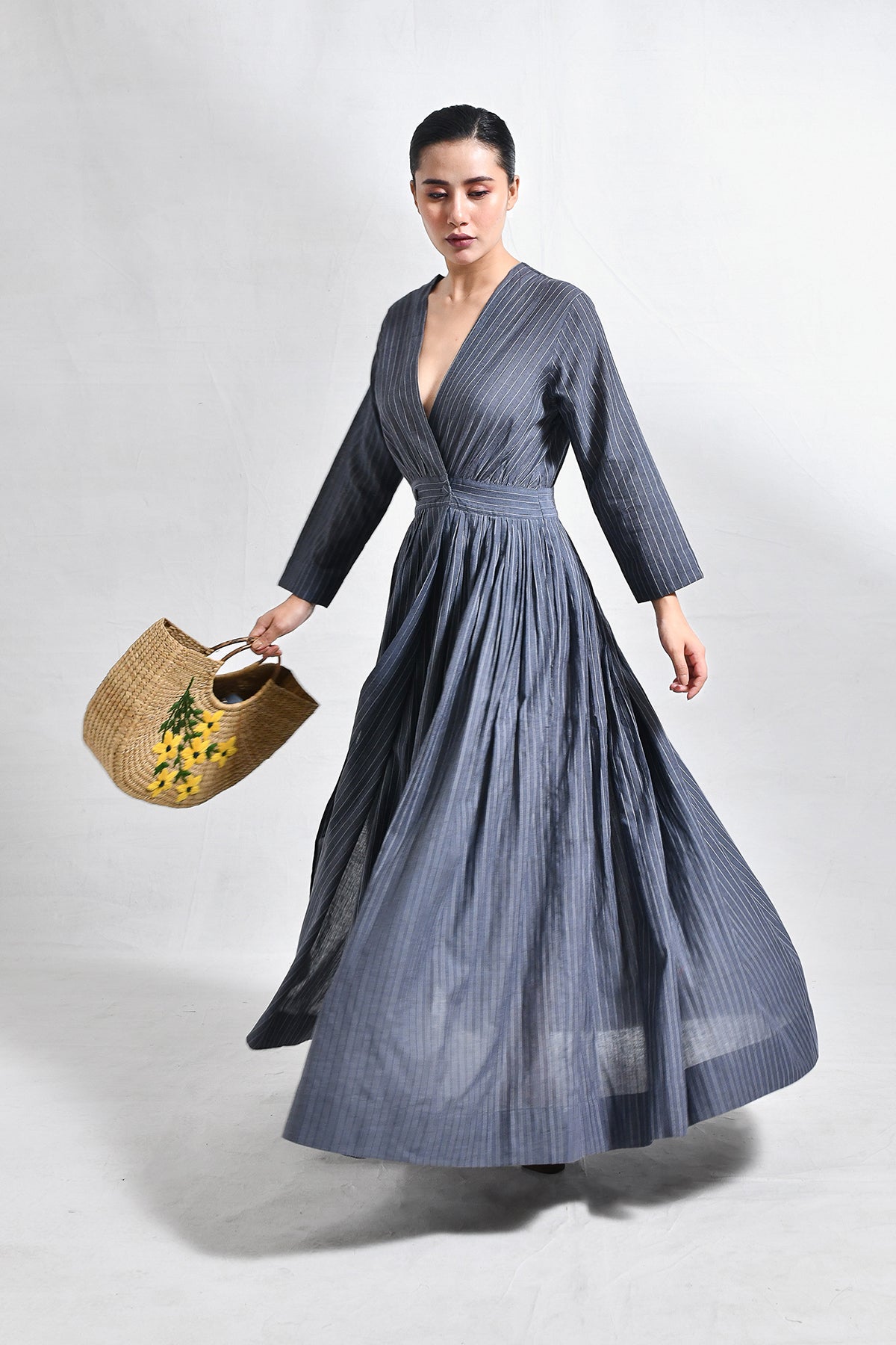 Khadi Stripes Wrap Dress - Charcoal - CiceroniDressesHiranya