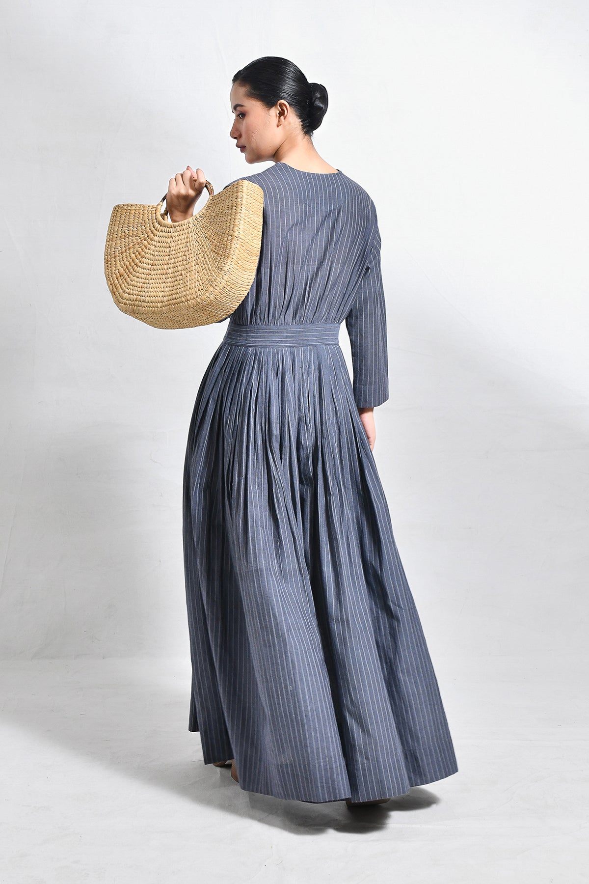 Khadi Stripes Wrap Dress - Charcoal - CiceroniDressesHiranya