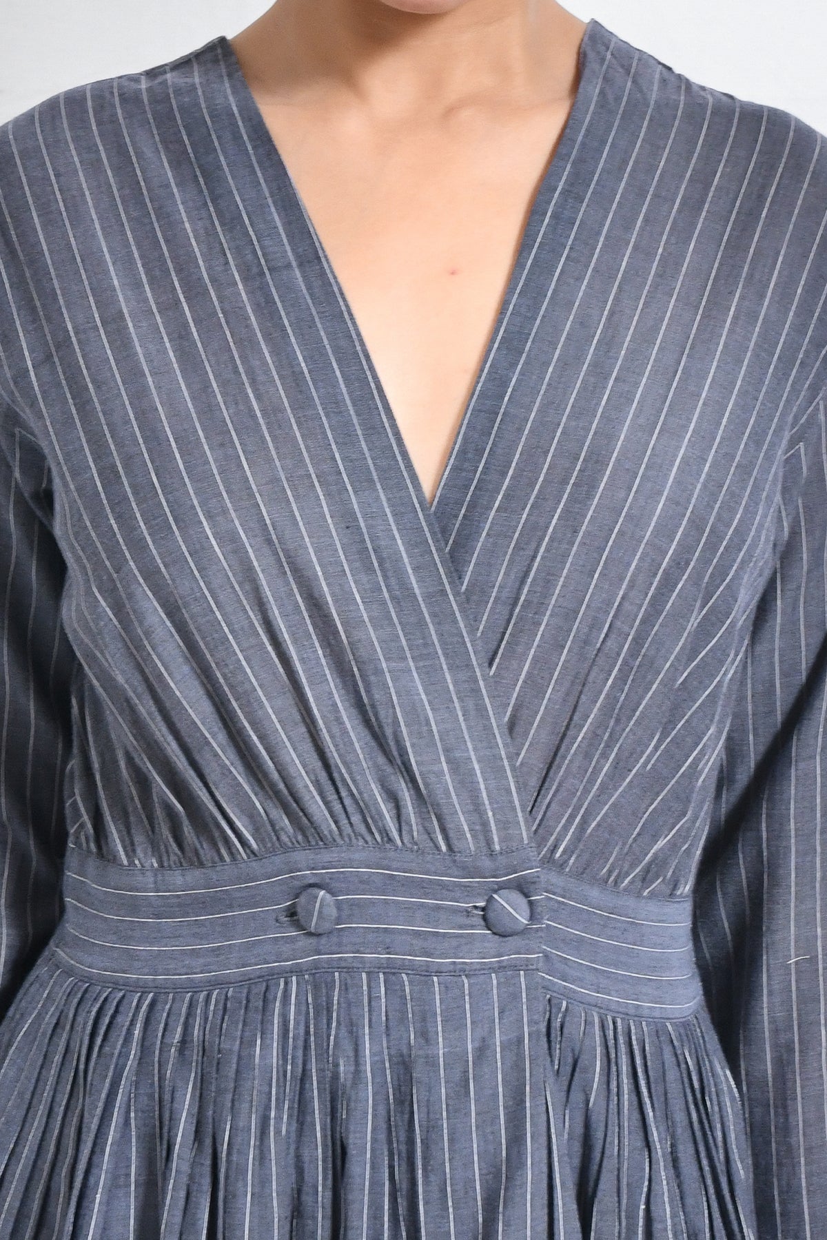 Khadi Stripes Wrap Dress - Charcoal - CiceroniDressesHiranya