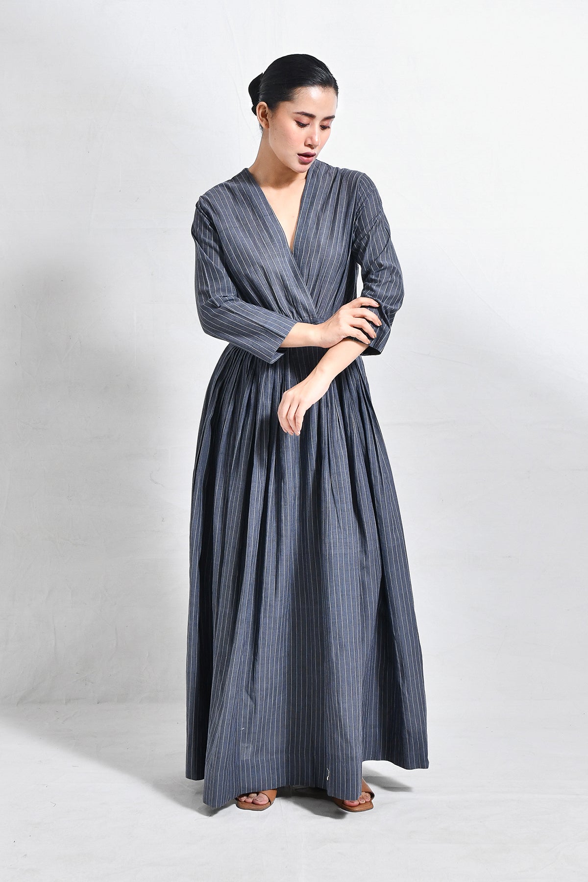 Khadi Stripes Wrap Dress - Charcoal - CiceroniDressesHiranya
