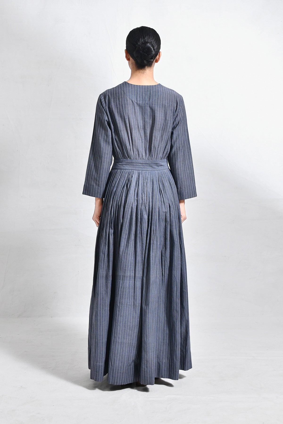 Khadi Stripes Wrap Dress - Charcoal - CiceroniDressesHiranya