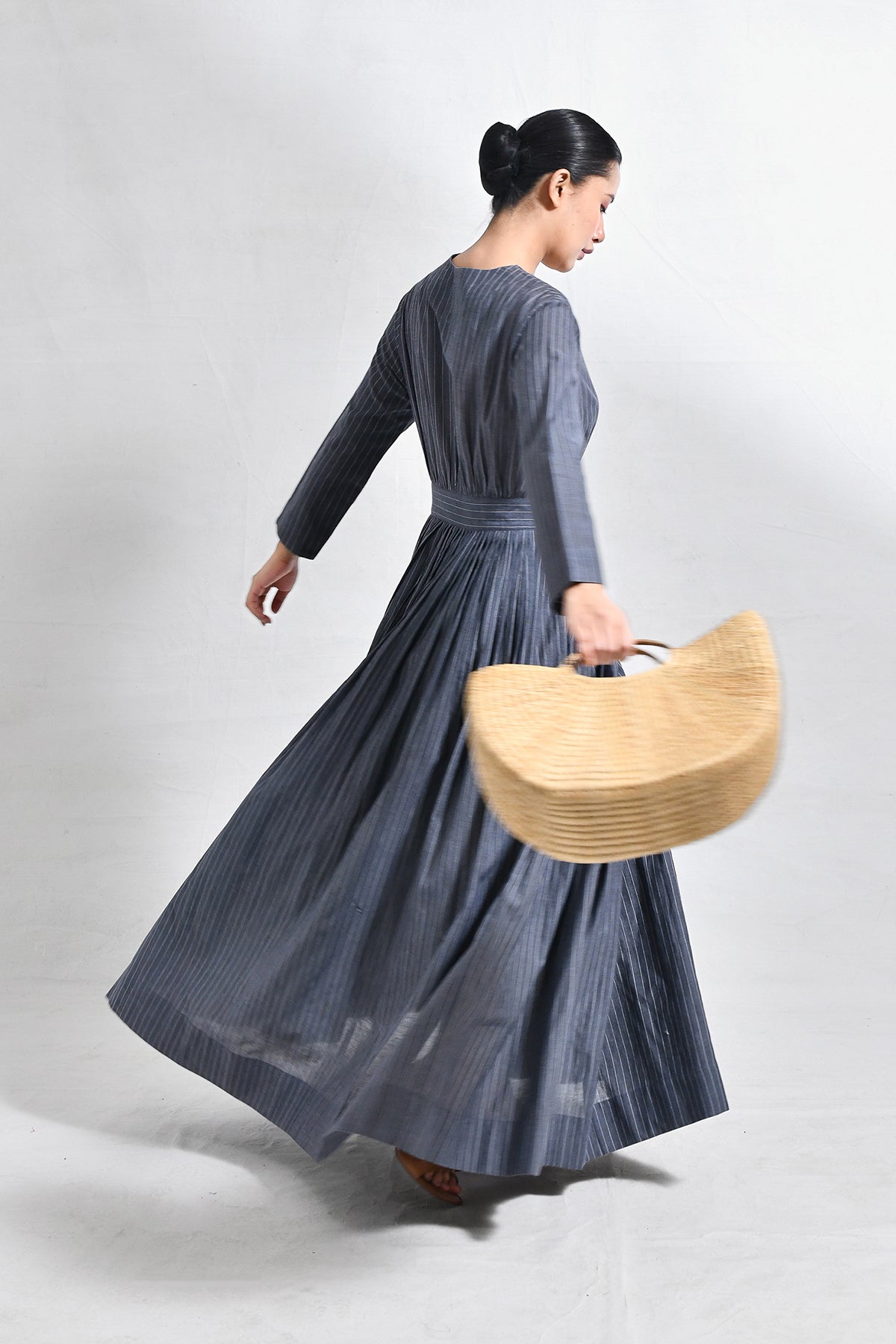 Khadi Stripes Wrap Dress - Charcoal - CiceroniDressesHiranya