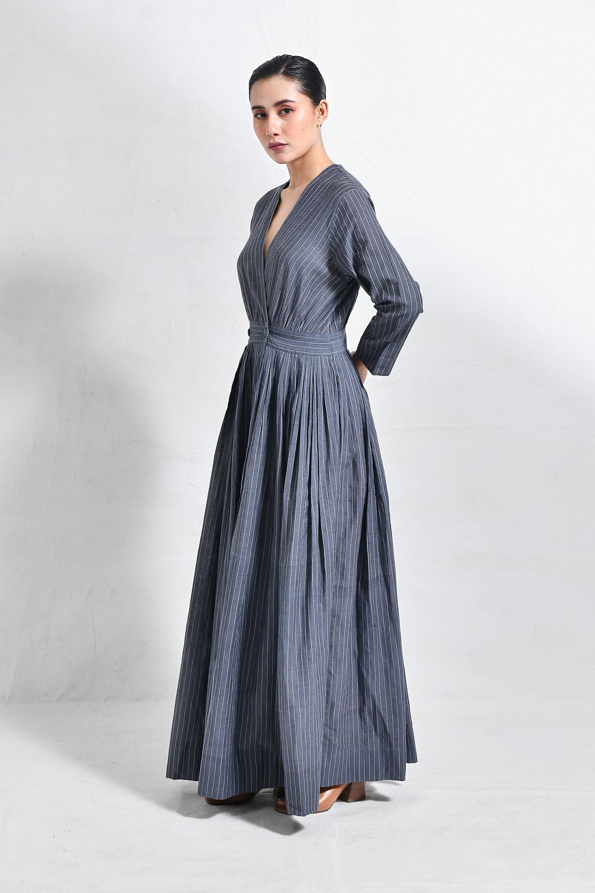 Khadi Stripes Wrap Dress - Charcoal - CiceroniDressesHiranya