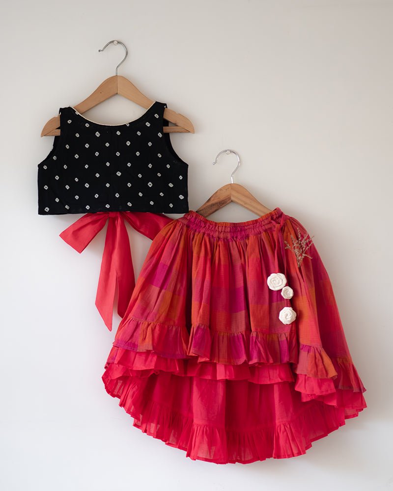 Laddoo Cotton Black Bandhani Top With Checkered Lehenga Set - CiceroniLehenga SetLove The World Today