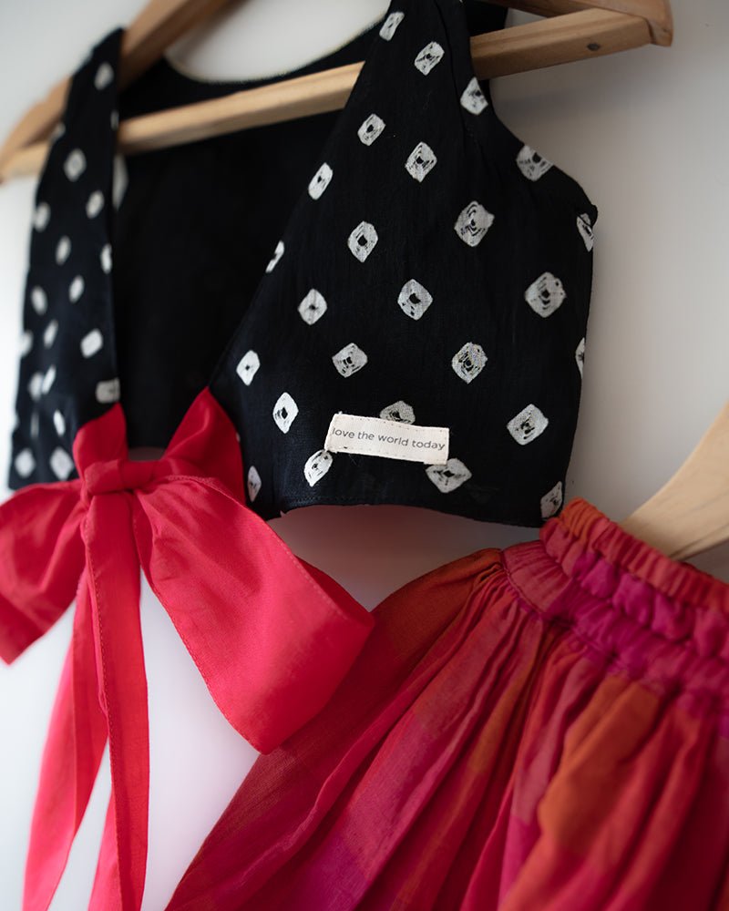 Laddoo Cotton Black Bandhani Top With Checkered Lehenga Set - CiceroniLehenga SetLove The World Today