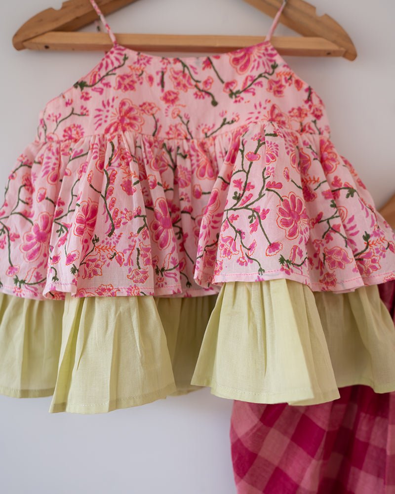 Leela Cotton Pink Floral Flared Top With Pink Checkered Pants Coord Set - CiceroniCo - ord SetLove The World Today