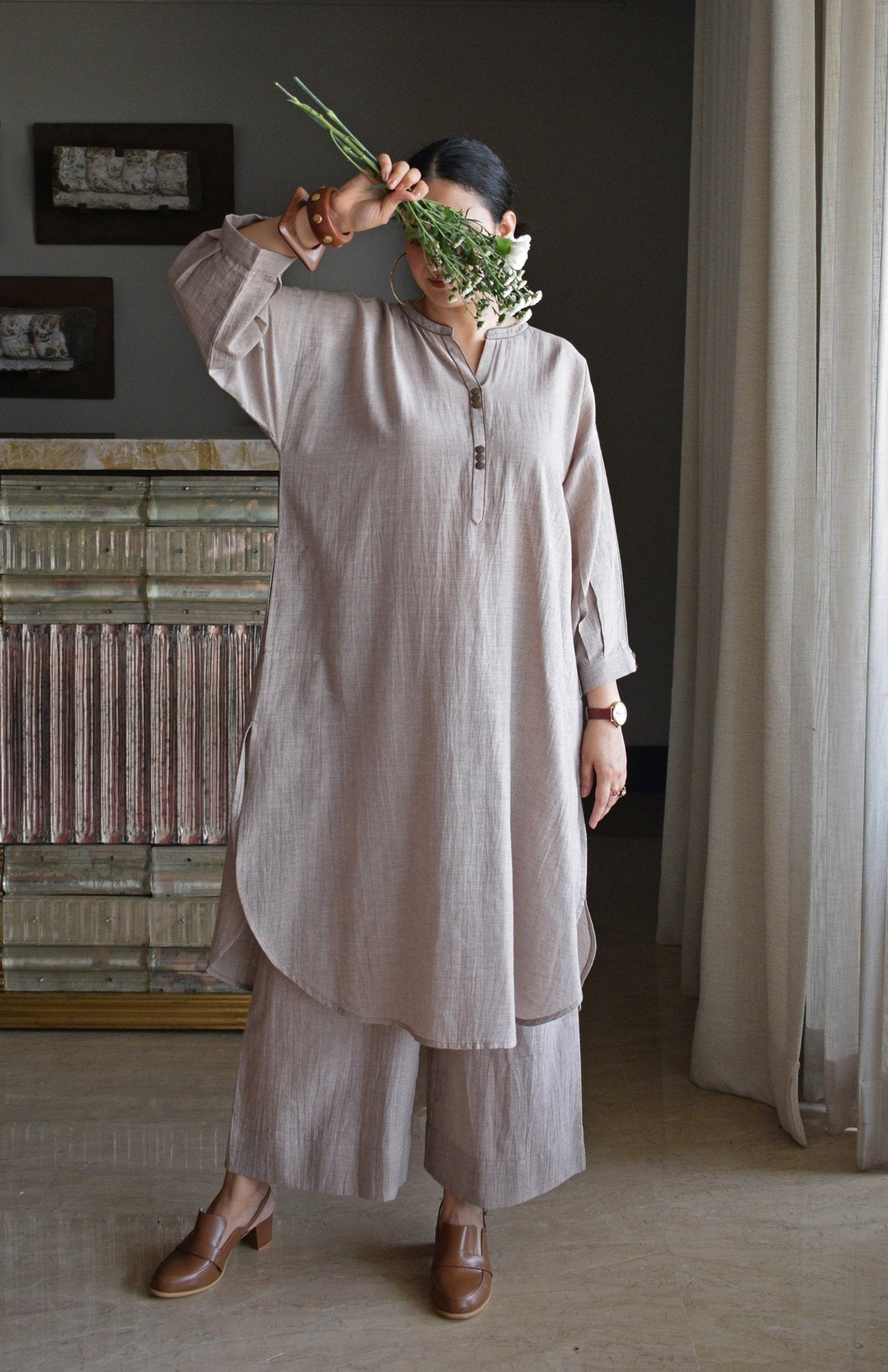 Light Brown Checks Antifit Co - ord Set in Handwoven Cotton - CiceroniKurta Set, Everyday WearHouse of Moxa