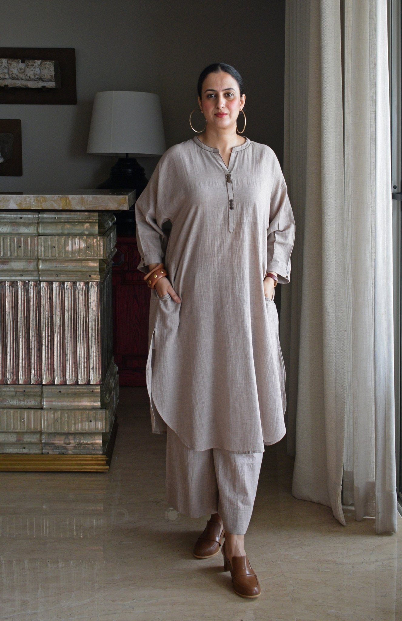 Light Brown Checks Antifit Co - ord Set in Handwoven Cotton - CiceroniKurta Set, Everyday WearHouse of Moxa