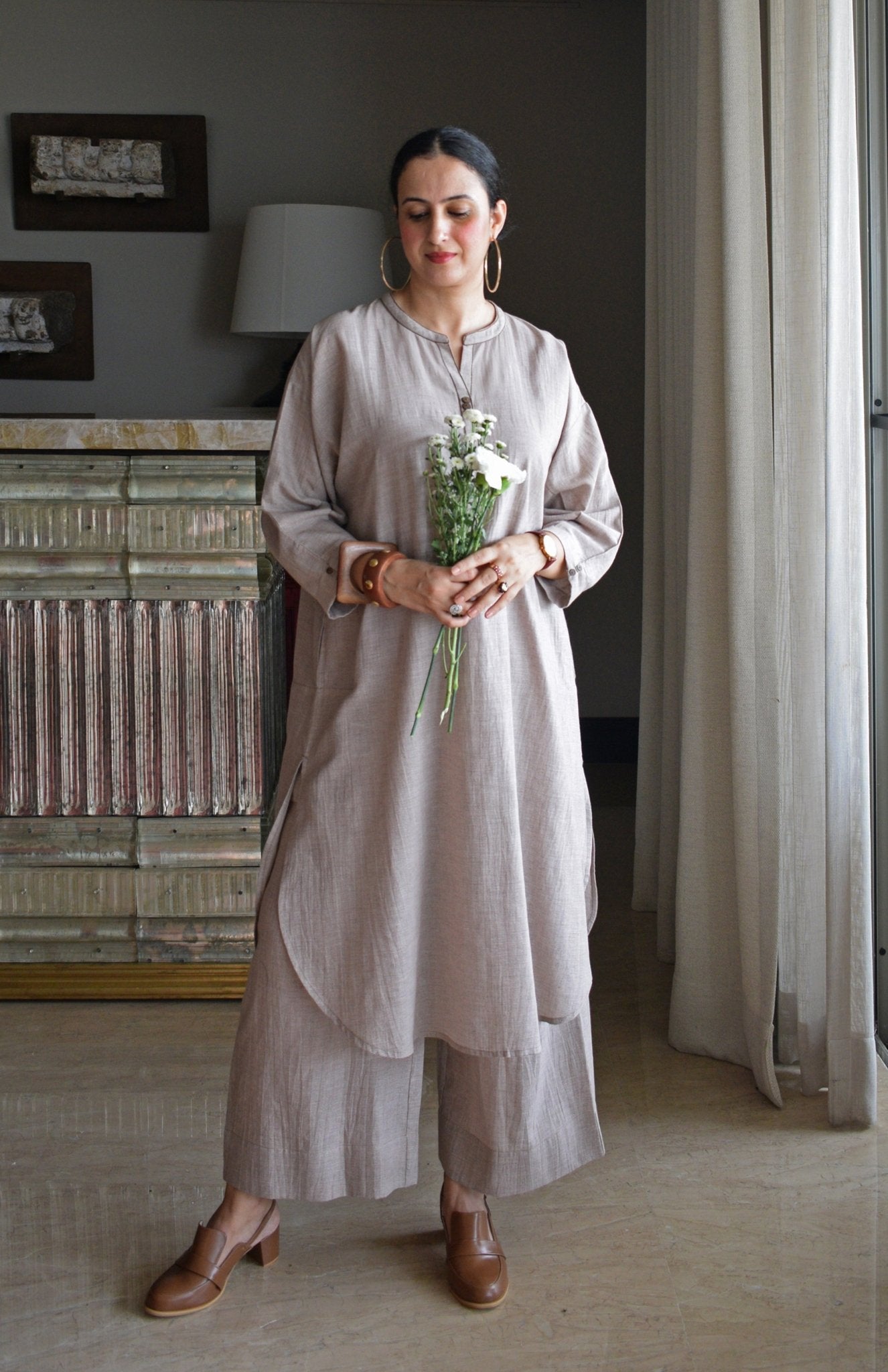 Light Brown Checks Antifit Co - ord Set in Handwoven Cotton - CiceroniKurta Set, Everyday WearHouse of Moxa