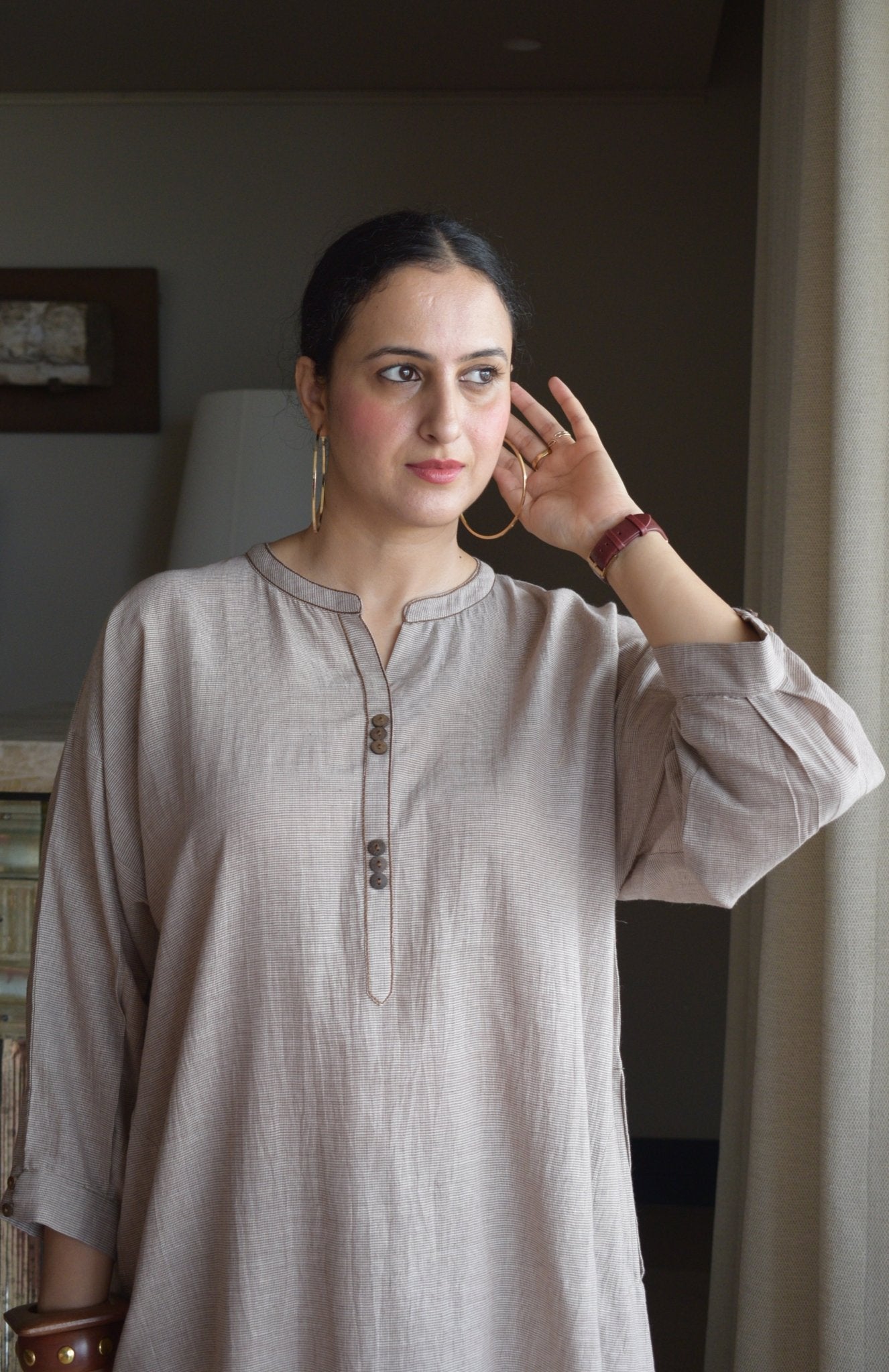 Light Brown Checks Antifit Co - ord Set in Handwoven Cotton - CiceroniKurta Set, Everyday WearHouse of Moxa