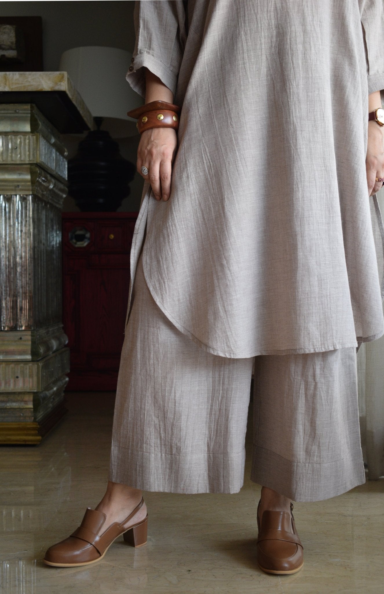 Light Brown Checks Antifit Co - ord Set in Handwoven Cotton - CiceroniKurta Set, Everyday WearHouse of Moxa