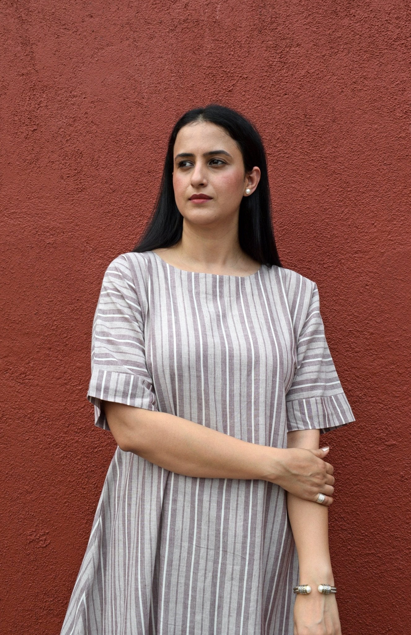 Light Brown Striped Co - Ord Set with A - Line Kurta and Pajama in Handwoven Cotton - CiceroniKurta Set, Everyday WearHouse of Moxa