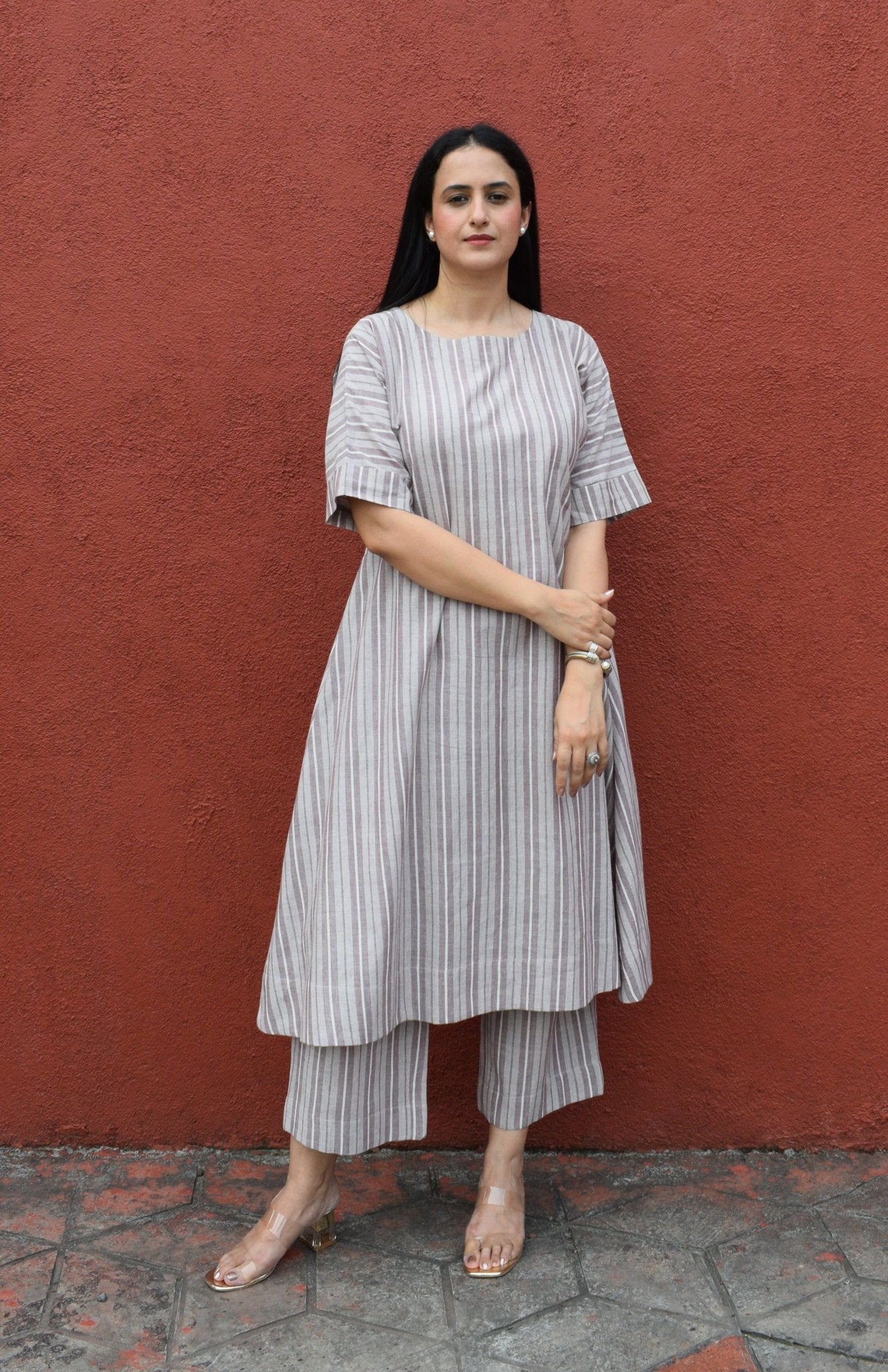 Light Brown Striped Co - Ord Set with A - Line Kurta and Pajama in Handwoven Cotton - CiceroniKurta Set, Everyday WearHouse of Moxa