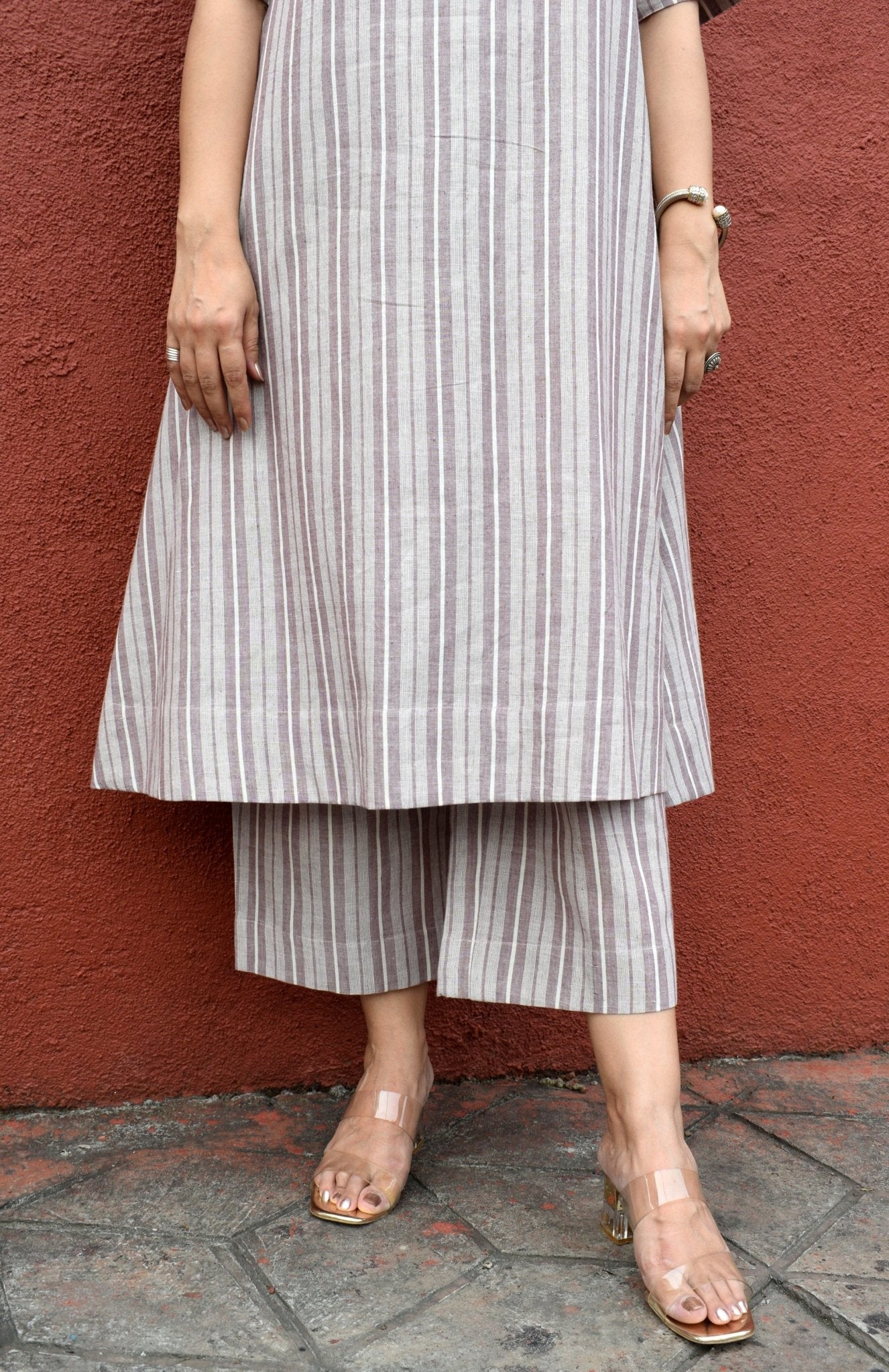 Light Brown Striped Co - Ord Set with A - Line Kurta and Pajama in Handwoven Cotton - CiceroniKurta Set, Everyday WearHouse of Moxa