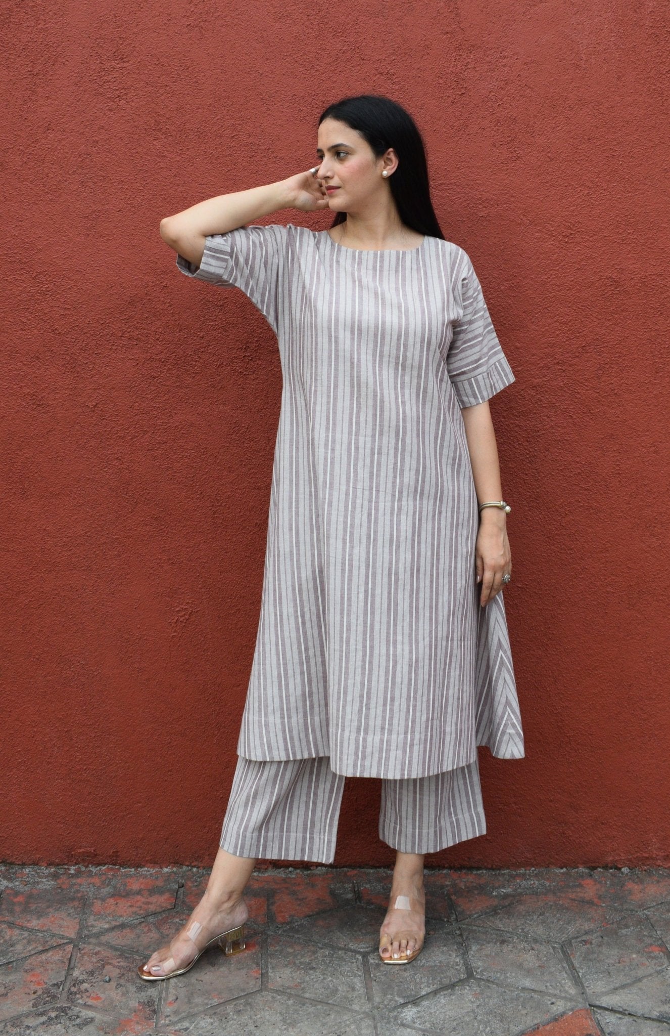 Light Brown Striped Co - Ord Set with A - Line Kurta and Pajama in Handwoven Cotton - CiceroniKurta Set, Everyday WearHouse of Moxa